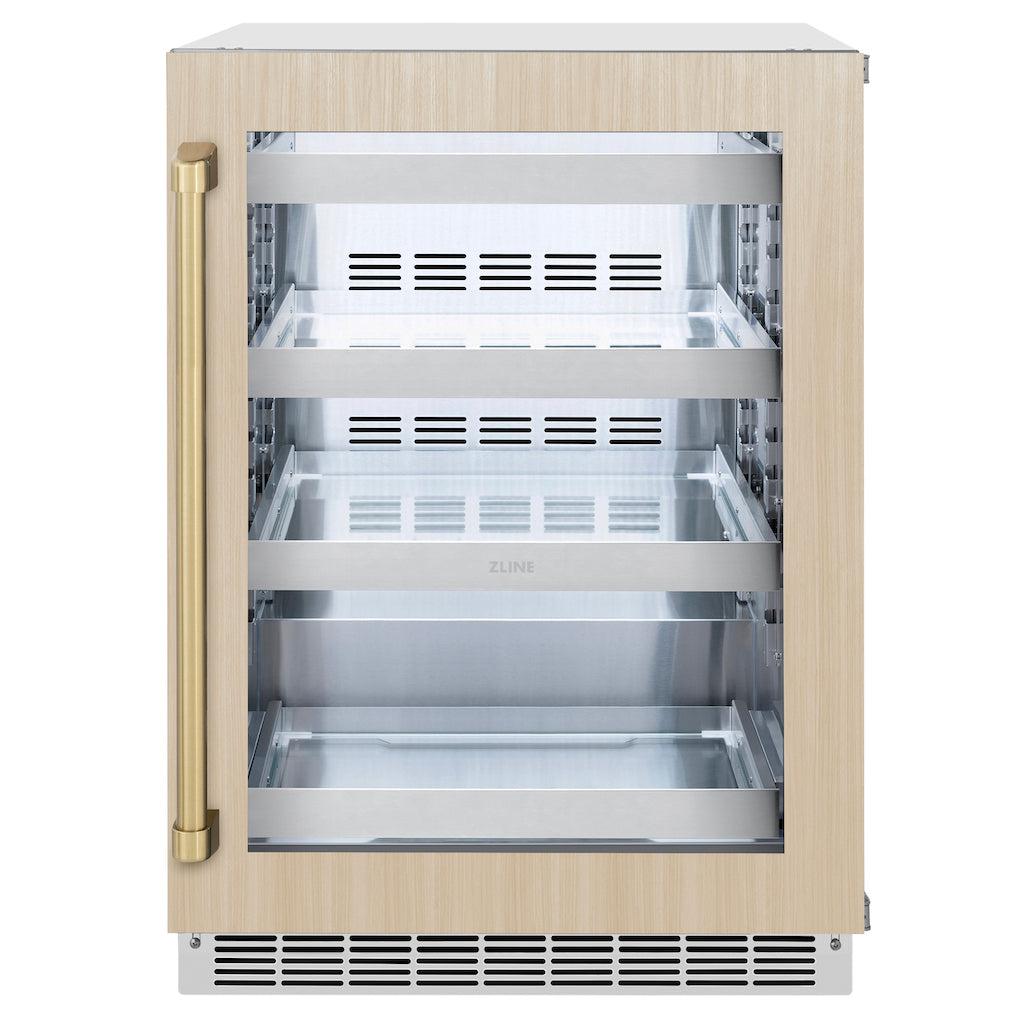 ZLINE Autograph Edition 24 Inch Built-In Beverage Refrigerator - Touchstone 151 Can Capacity, Panel Ready Glass Door with Champagne Bronze Handle (RBSPOZ 24 CB) - Perfect for Home Bar, Kitchen, or Office Drink Storage