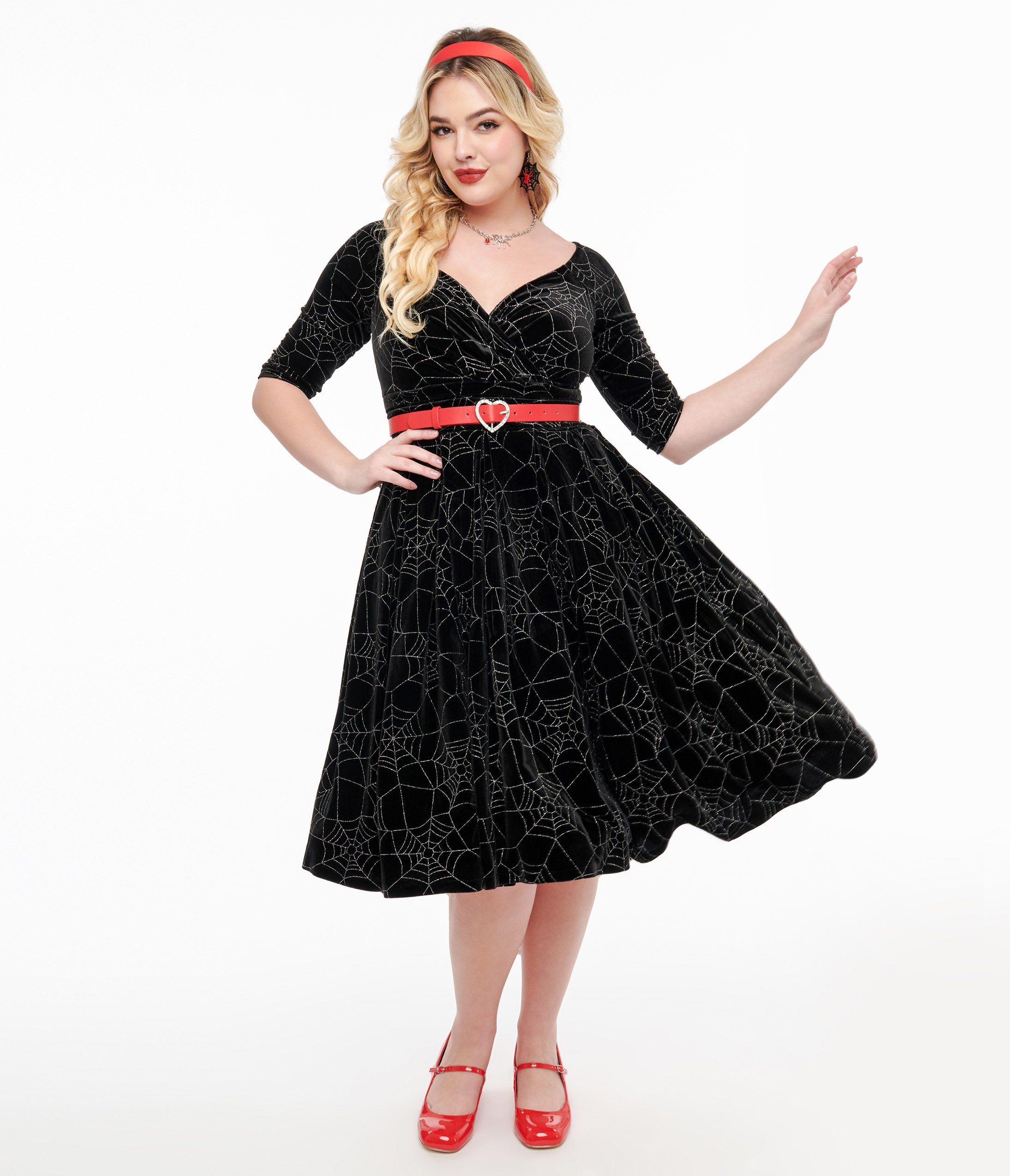 Vintage 1950s Black Velvet Swing Dress with Silver Spiderweb Design - Retro Pinup Style for Halloween, Parties & Special Occasions