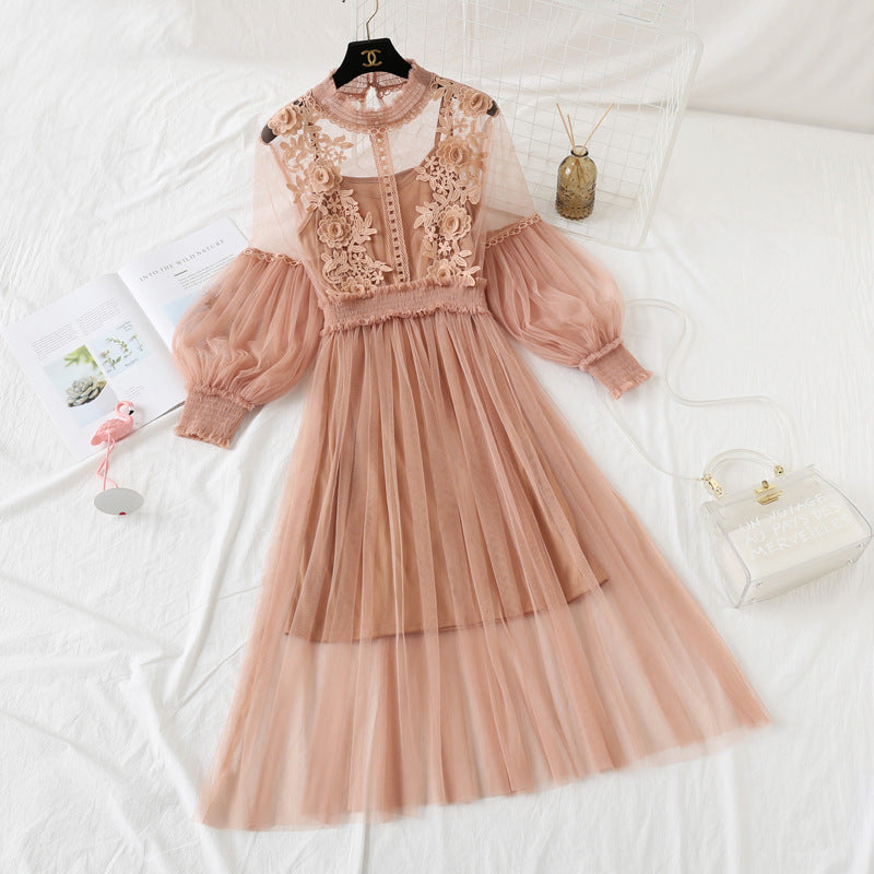 Elegant 3D Floral Lace Dress for Women - Spring Summer Mesh Skirt with Floral Embroidery | Perfect for Weddings, Parties, and Special Occasions