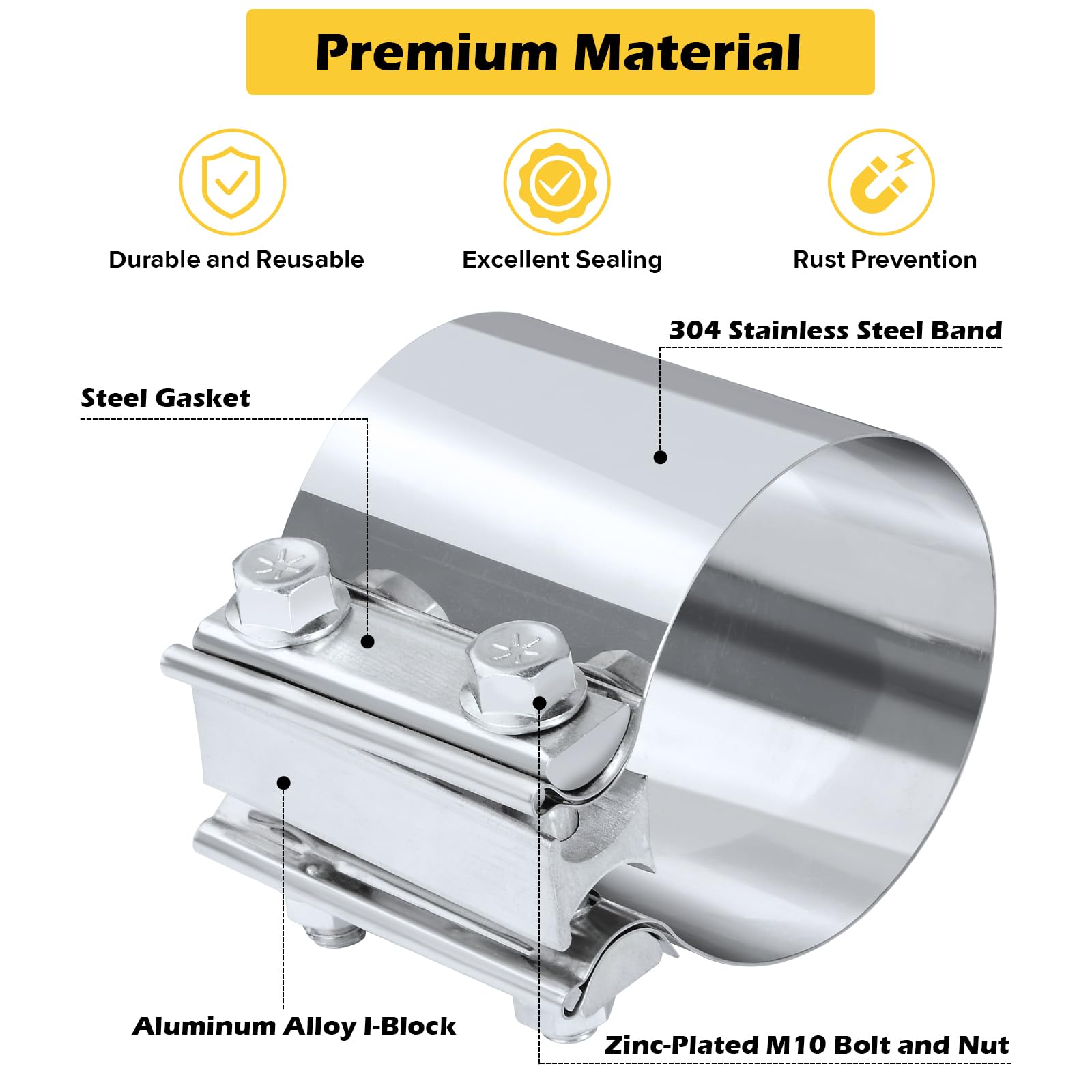 2.5 Inch Stainless Steel Exhaust Clamps (2 Pack) - Heavy Duty Lap Joint Band Clamps for Muffler & Exhaust Pipe Connections - Perfect for Automotive Repair & Custom Exhaust Systems
