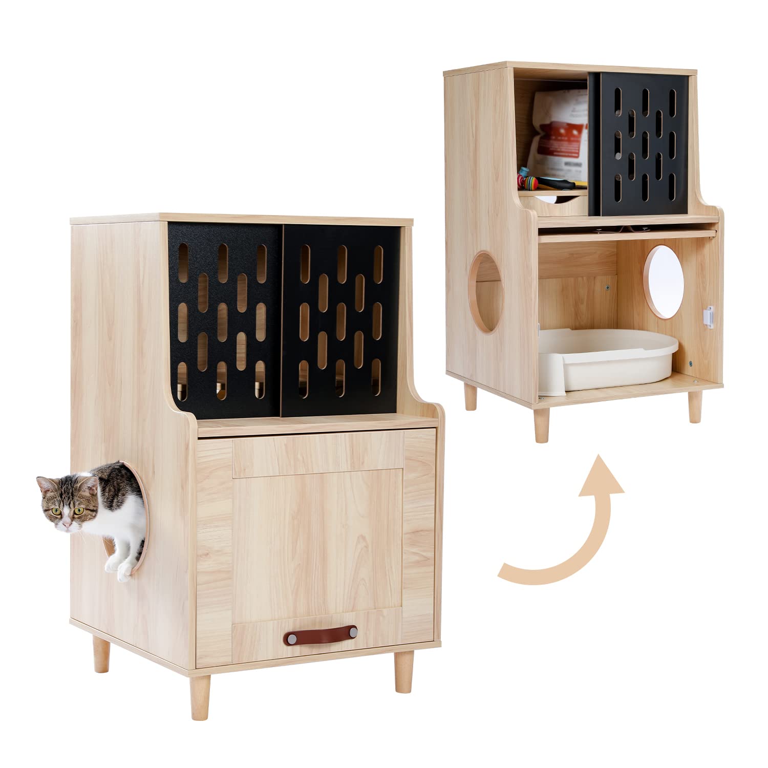 Modern Wooden Cat Litter Box Enclosure with Odor Control & Storage Bench - Stylish Cat Washroom Furniture for Small Spaces, Home Decor - Beige
