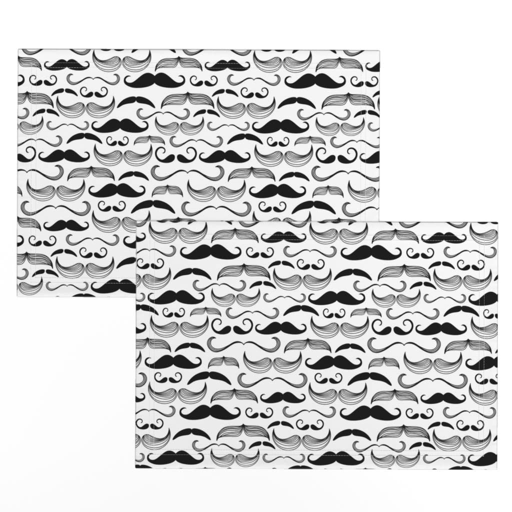 Mustache Print Linen Cotton Canvas Placemats Set of 2 - Retro Hipster Style Table Mats for Dining, Kitchen Decor & Gift Giving