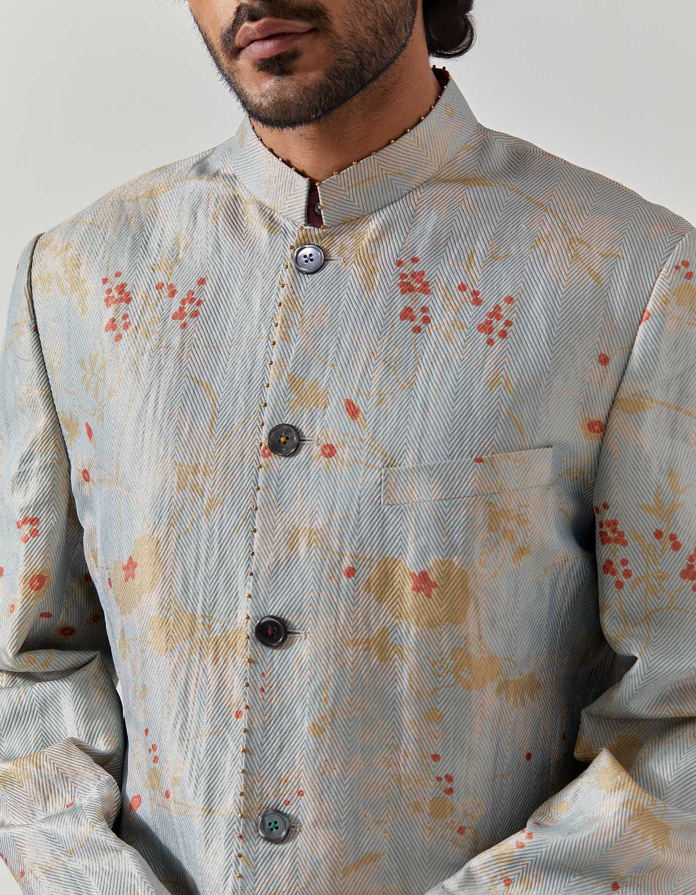 Matrix Jacket Silk Brocade Ice Blue Rainforest - Elegant Asian-Inspired Outerwear for Women | Perfect for Festivals, Cosplay & Special Occasions