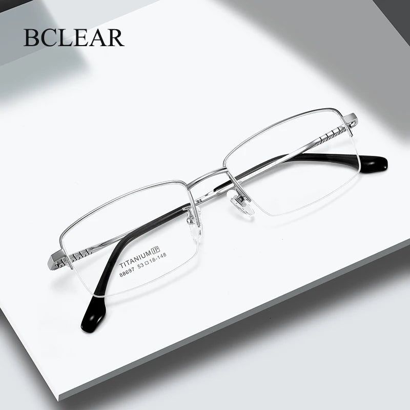 Bclear Unisex Semi-Rimless Square Titanium Eyeglasses Frame 86697 - Lightweight & Durable for Work, Reading & Everyday Wear