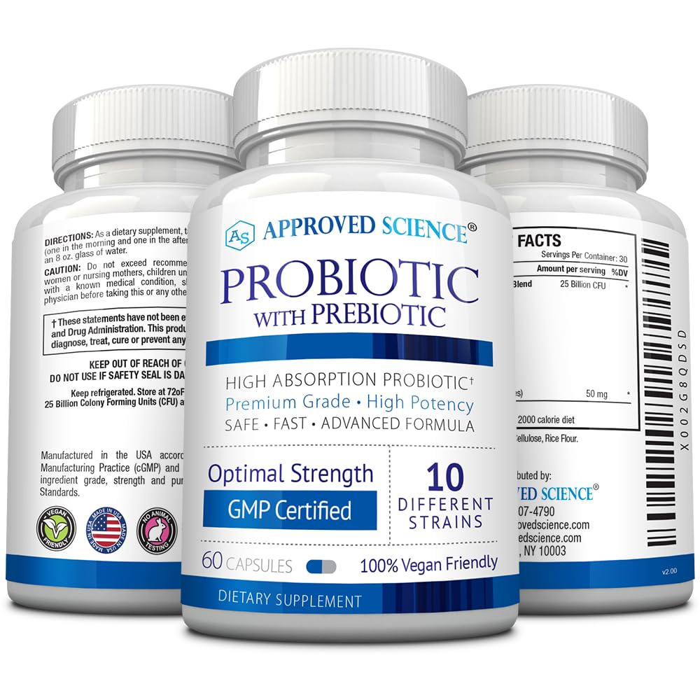 Approved Science Probiotic with Prebiotic Supplement - 10 Strains, 25 Billion CFU - 3 Bottle Vegan Bundle for Digestive & Immune Support - Daily Gut Health for Women & Men
