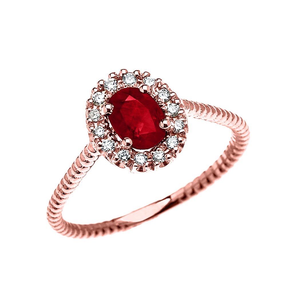 10K Rose Gold Dainty Oval Halo Diamond & Solitaire Ruby Rope Design Engagement Ring, Promise Ring for Women - Perfect for Proposals, Anniversaries & Romantic Gifts