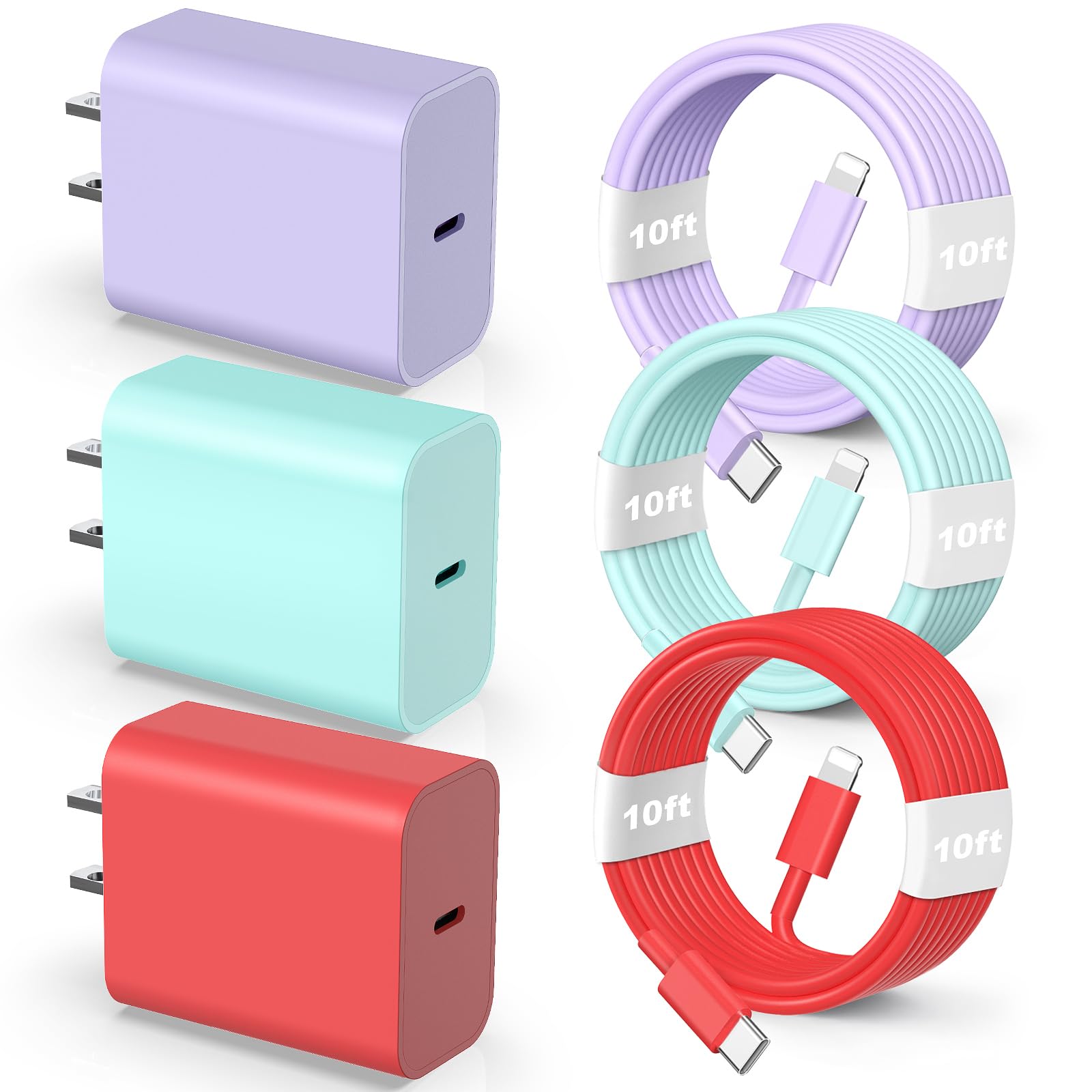 20W Fast Charger Wall Charger with 10FT USB-C to Lightning Cable - Compatible with iPhone 14/13/12/11/XS Max/XR/X, AirPods Pro - Purple/Blue/Red - Perfect for Home, Office & Travel Charging