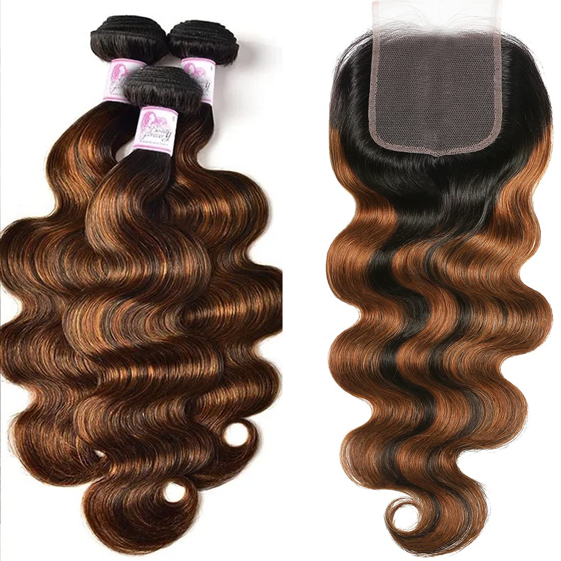 Beauty Forever #FB30 Highlight Brazilian Body Wave 3 Bundles Human Hair Extensions with 4x4 Lace Closure - Ombre Balayage Piano Color Virgin Hair for Natural Look | Perfect for Daily Styling, Special Occasions & Salon Use
