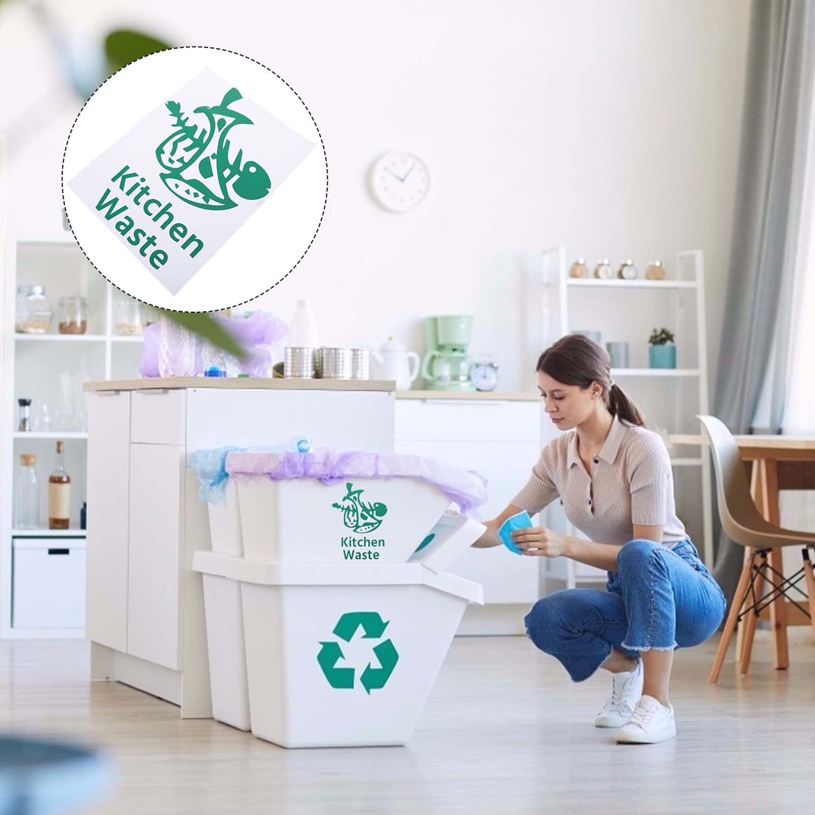 5-Pack Kitchen Trash Can Labels - Waterproof PVC Stickers for Recycling, Garbage & Waste Bins - Durable Decals for Home, Office & Restaurant Use