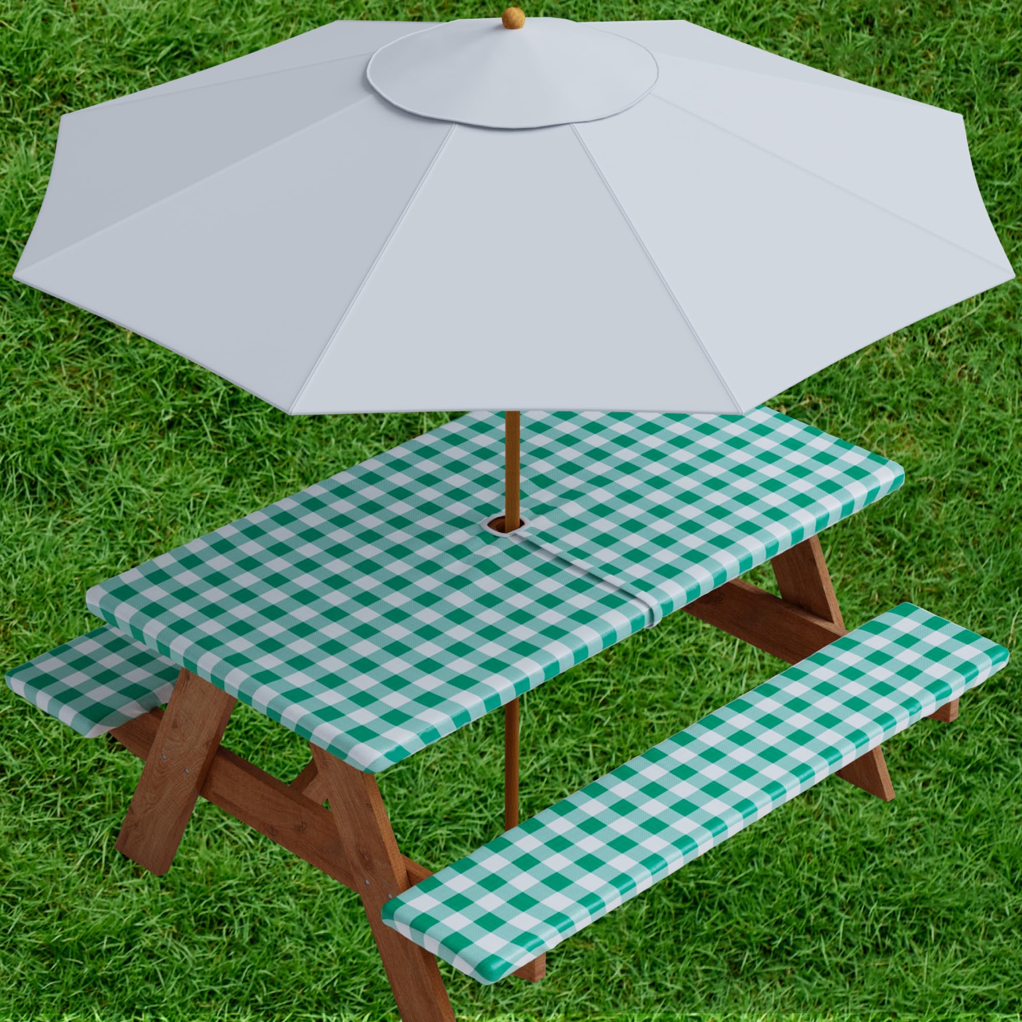 Sorfey 30x96 Inch Vinyl Umbrella Picnic Table and Bench Set with Checkered Tablecloth Cover - Flannel Backed Lining, 3-Piece Outdoor Dining Set in Green for Patio, Garden, and Backyard BBQs