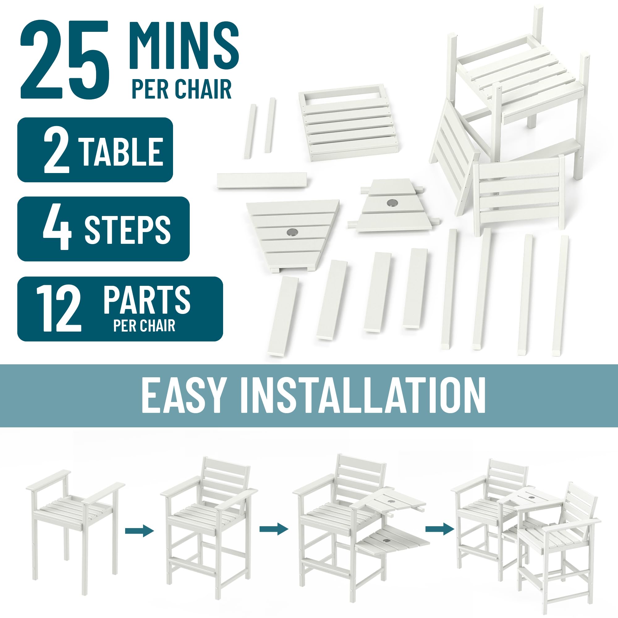 Premium HDPE Adirondack Bar Height Chairs Set of 2 - All-Weather Outdoor Bar Stools with Detachable Trays for Patio, Poolside, Bistro & Backyard Relaxation | White Tall Adirondack Chairs for Garden, Deck & Balcony Use
