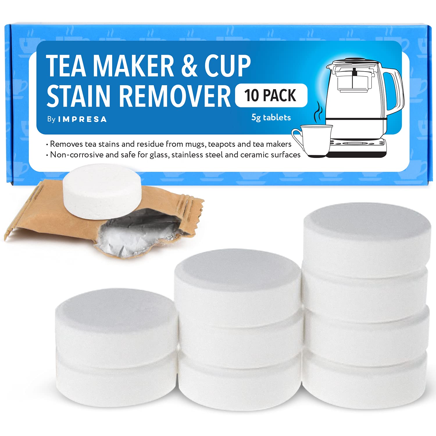 IMPRESA [10 Pack] Tea Maker Cleaner Tablets for Breville BTM100 - Safe Non-Corrosive Lime Scale Remover & Coffee Maker Descaler - Works for Electric Kettles, Keurig, and More - Perfect for Home & Office Use