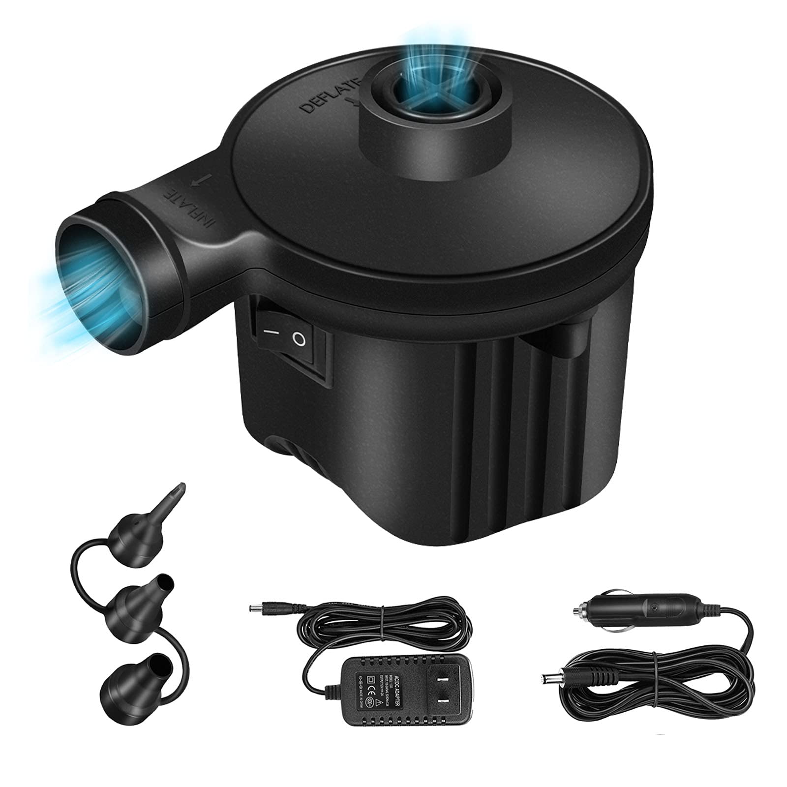 High Power Electric Air Pump - Quick Fill & Deflate for Air Mattress, Inflatable Pool Floats, Swimming Rings, Cushions - 3 Nozzles Included - 110-220V - Black - Perfect for Camping, Travel & Home Use
