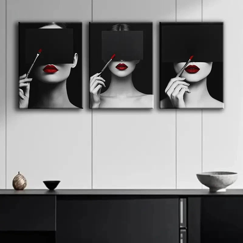 3-Piece 'Woman in Red Lipstick' Darkness Themed Wall Art Set - Framed Canvas 40x60cm (16x24in) | High-Quality Australian-Made Prints | Ready to Hang | Perfect for Living Room, Bedroom & Office Decor