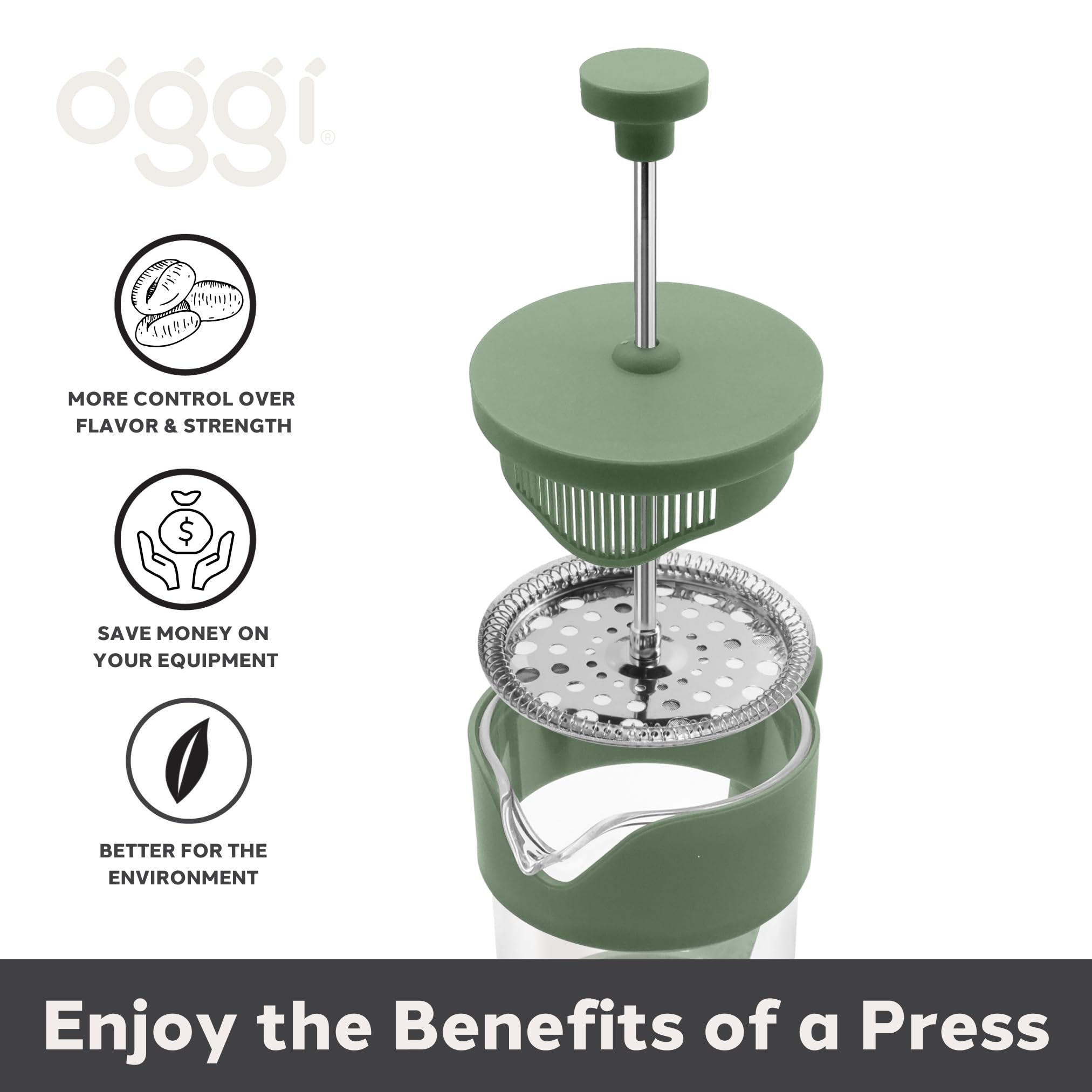 Premium Oggi Borosilicate Glass French Press Coffee Maker - 20oz (5 Cup) Capacity, Single Serve Coffee Press with Stainless Steel Lid & Plunger | Perfect for Home, Office & Camping | Great Coffee Gift Idea in Green
