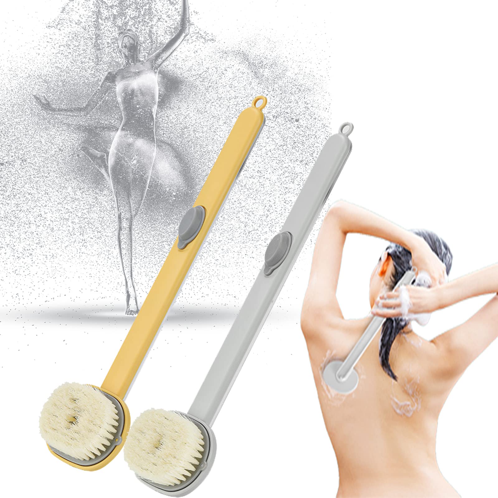 DFBIU Long Handle Back Scrubber for Shower - Exfoliating Bath Brush with Massage Bristles, Body Wash Applicator (Yellow & Grey) - Perfect for Deep Cleaning, Back Acne Treatment & Spa-Like Relaxation at Home