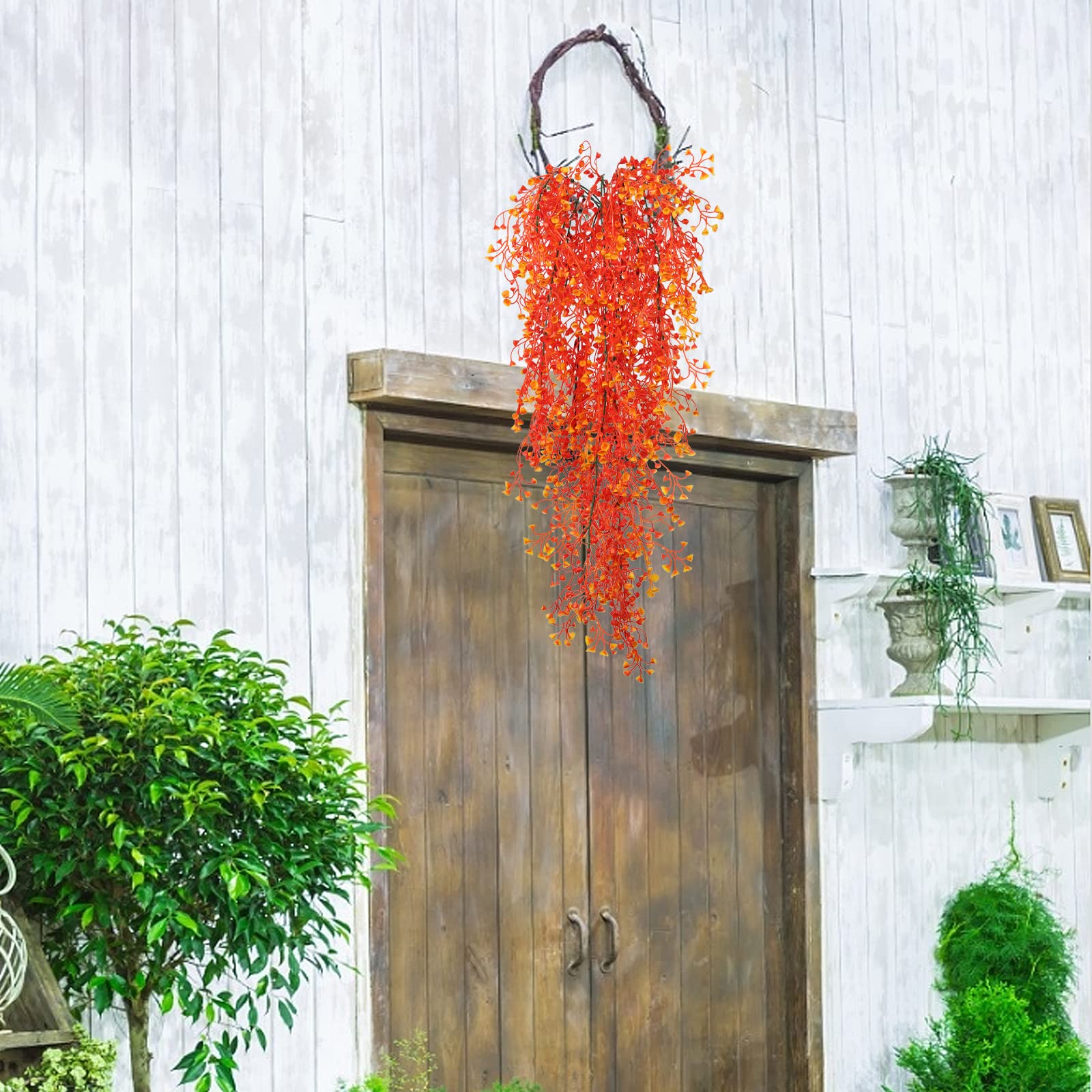 RECUTMS 4PCS Artificial Fall Hanging Plants - Large Faux Autumn Vines for Wall Decor, Thanksgiving & Wedding Party (Orange) | Indoor/Outdoor Home & Garden Decoration