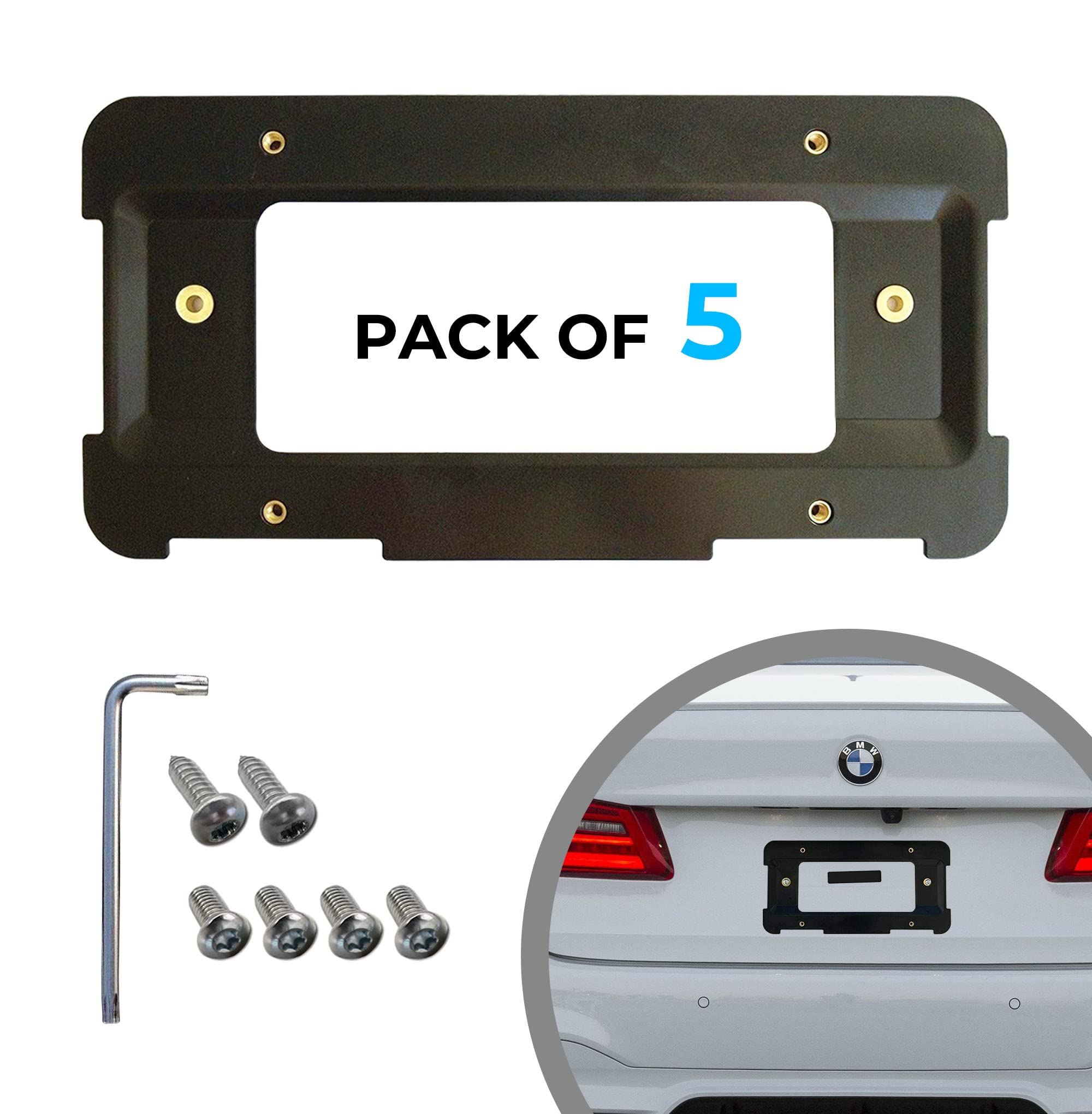 Rear Bumper License Plate Bracket for BMW 2000-2024 - Heavy Duty Plate Holder Set with 6 Screw Bolts & Wrench Kit - Universal License Tag Mounting Kit for BMW 3/5/7 Series - Perfect for Car Enthusiasts & DIY Installation (Set of 5)