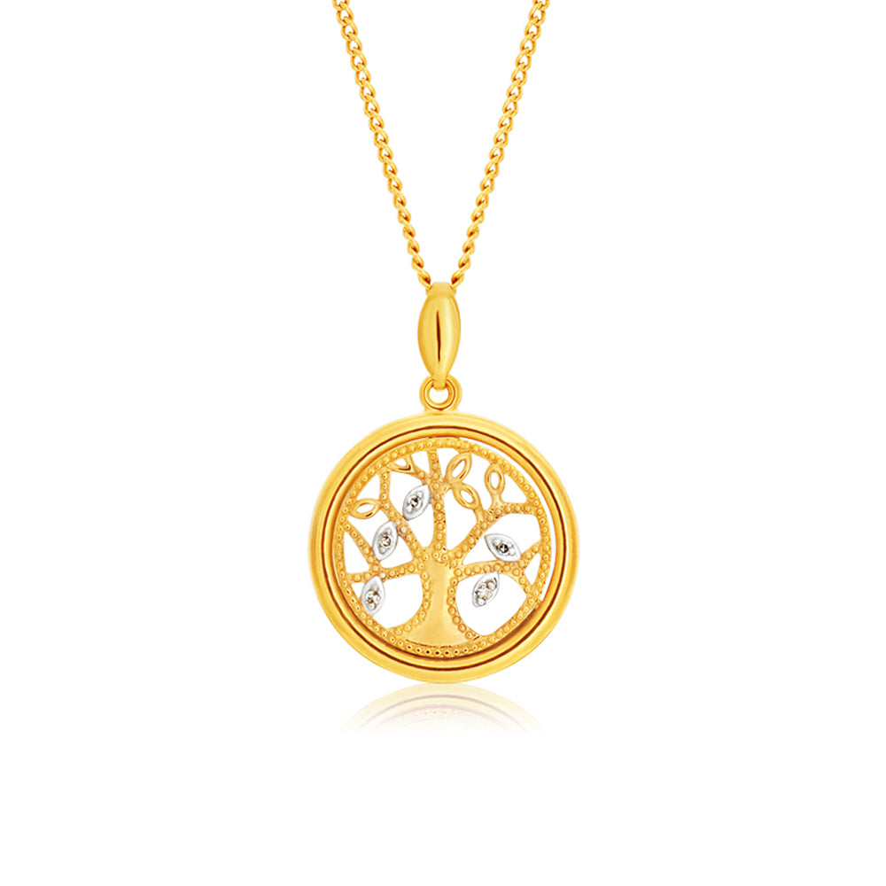 9ct Yellow Gold Tree of Life Diamond Pendant Necklace Set with 5 Brilliant Cut Diamonds - Perfect for Anniversary Gifts, Birthday Presents & Spiritual Jewelry Lovers