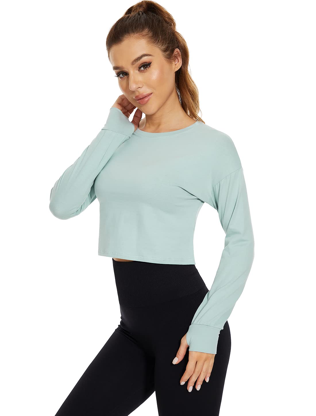 Cozy Pyro Women's Long Sleeve Crop Top - Athletic Casual Cropped Cotton Workout Sweatshirt with Thumb Holes | Perfect for Yoga, Gym & Streetwear Fashion