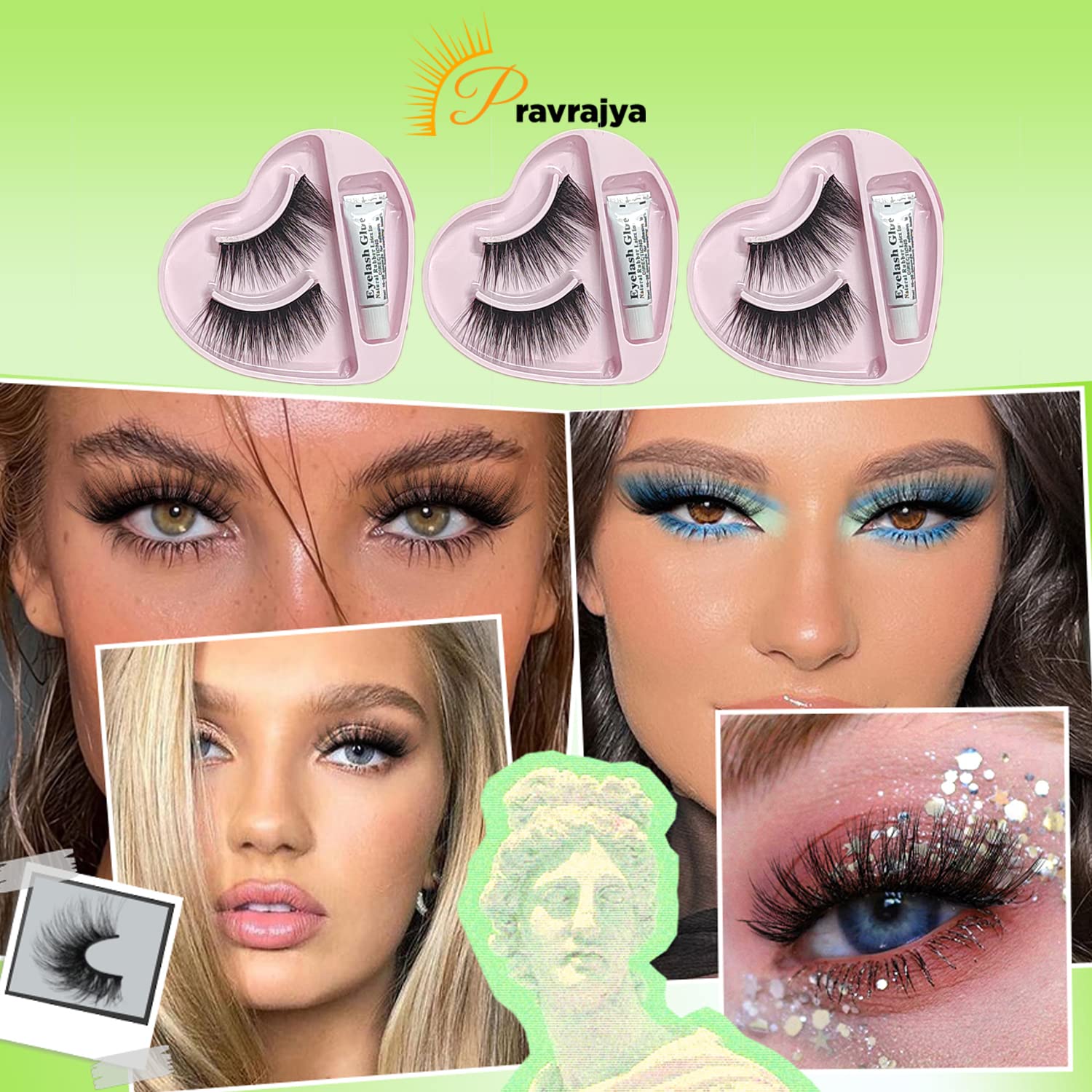PRAVRAJYA Women's False Eyelashes Black Long Straight - 3 Pairs with Glue Included | Natural Looking Eyelash Extensions for Everyday Wear, Parties & Special Occasions