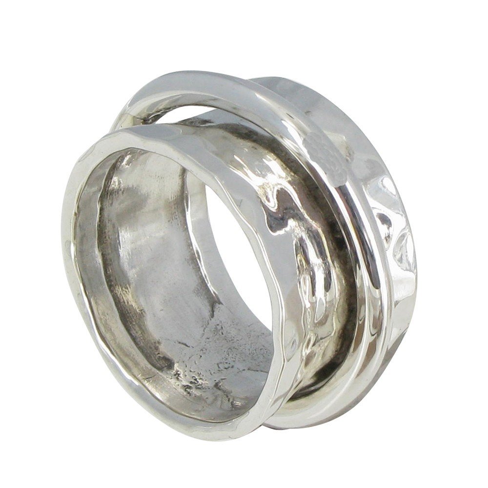 Les Poulettes Jewels - Sterling Silver Hammered Tube Ring with Mobile Charm | Elegant Stackable Jewelry for Women, Perfect for Everyday Wear & Special Occasions