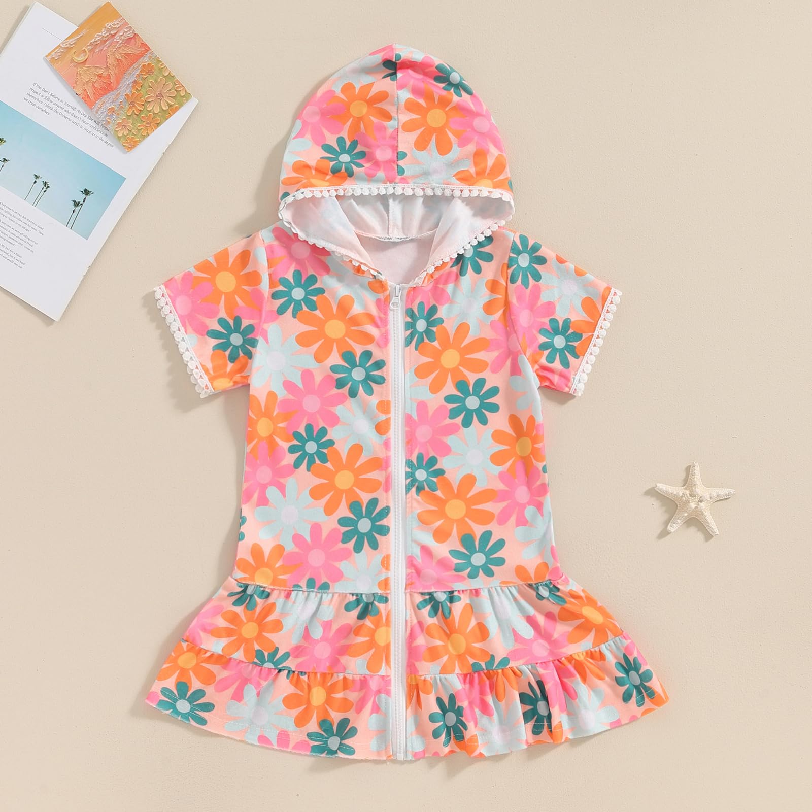 Girls' Floral Print Hooded Swim Cover Up Dress - Short Sleeve Zip Up Beach Cover-up & Bathrobe for Toddlers - Perfect for Pool, Beach, and Summer Outings