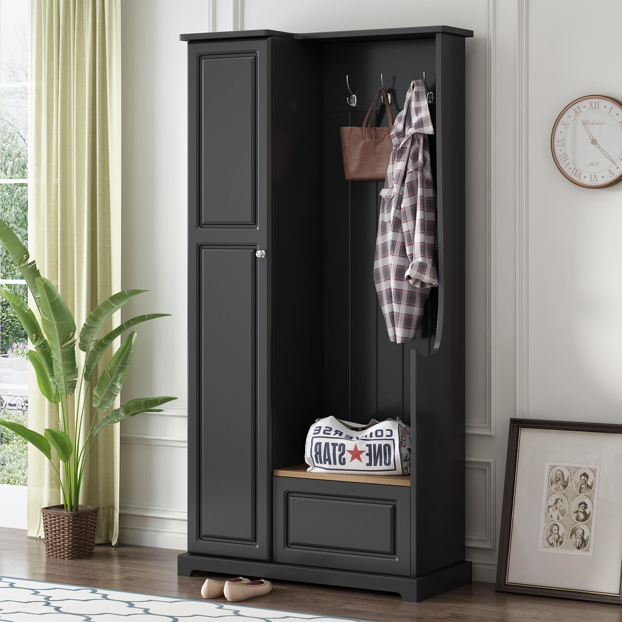 3-in-1 Hall Tree with Bench, Shoe Storage & Coat Rack - Multifunctional Entryway Organizer with Flip-Up Storage, Adjustable Shelves & Tall Wood Cabinet - Perfect for Hallway, Foyer & Mudroom Organization (Black)