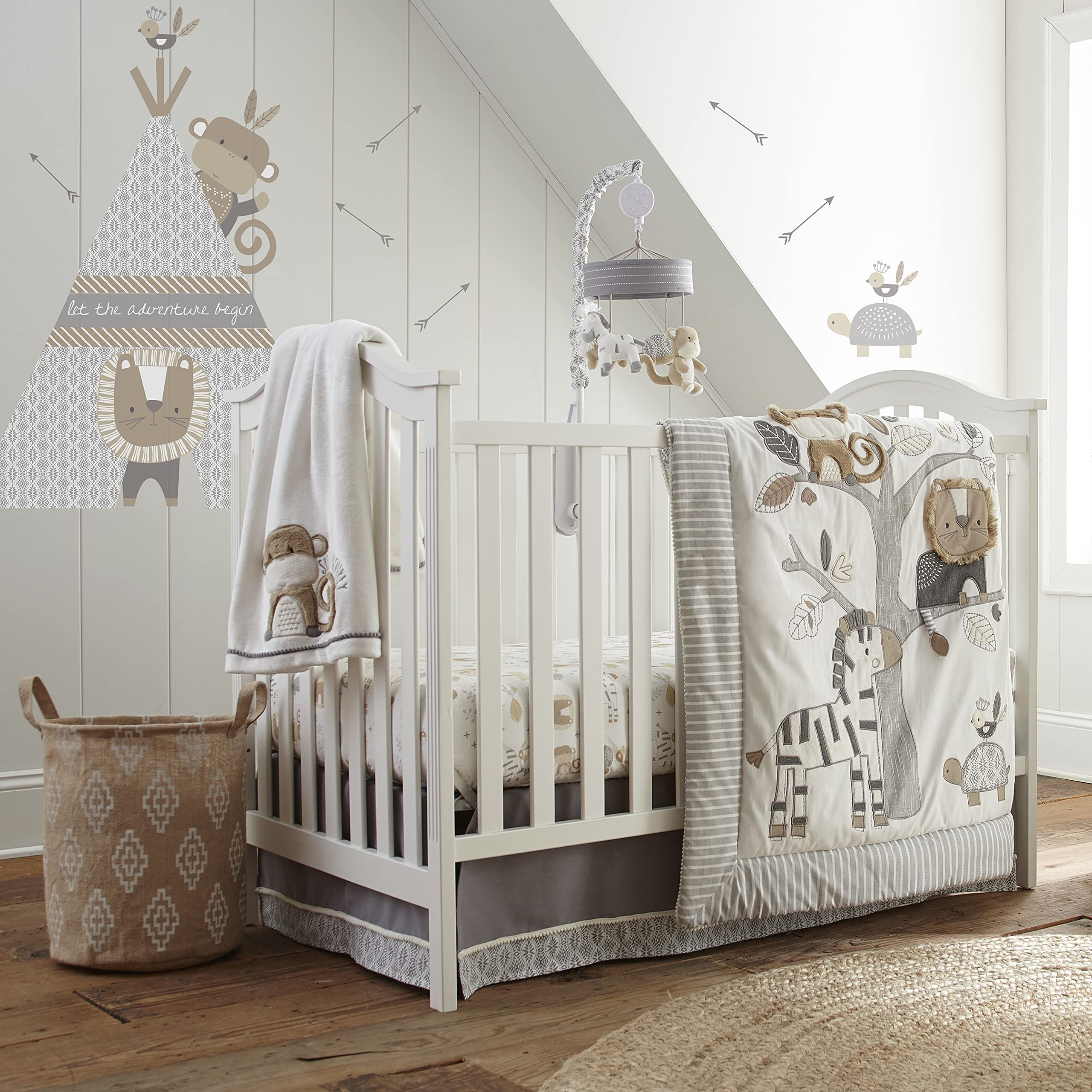 Levtex Baby Kenya 5-Piece Jungle Animal Nursery Bedding Set - Grey & Taupe - Reversible Quilt, Fitted Sheet, Dust Ruffle, Hamper & Wall Decals - Perfect for Baby Shower Gifts & Nursery Decor