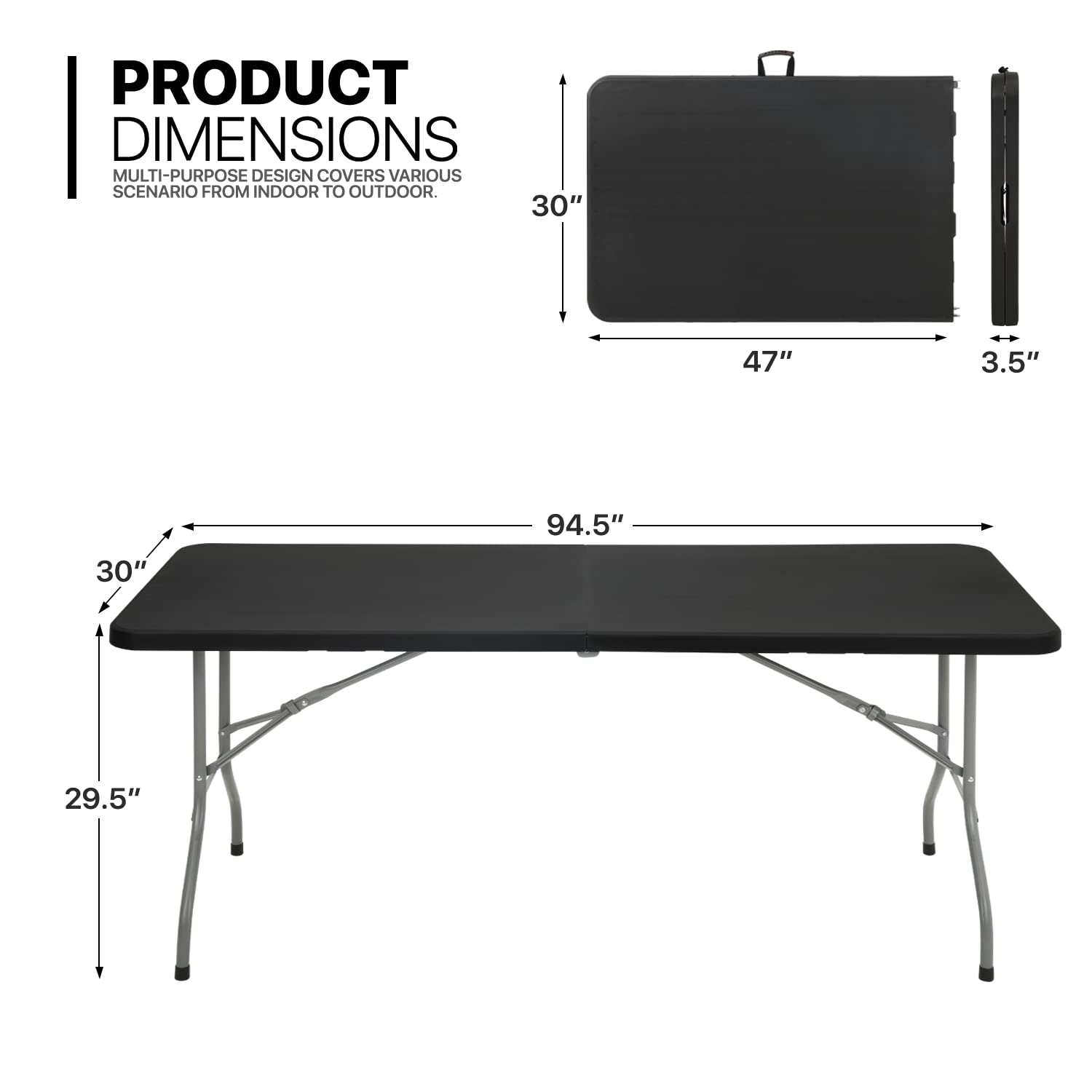 MoNiBloom 8Ft Folding Heavy Duty Utility Table - Indoor Outdoor Portable Plastic Table with Steel Legs & Handle for Wedding, Event, Picnic, Camping, BBQ - Black (Perfect for Parties, Tailgating & Home Use)