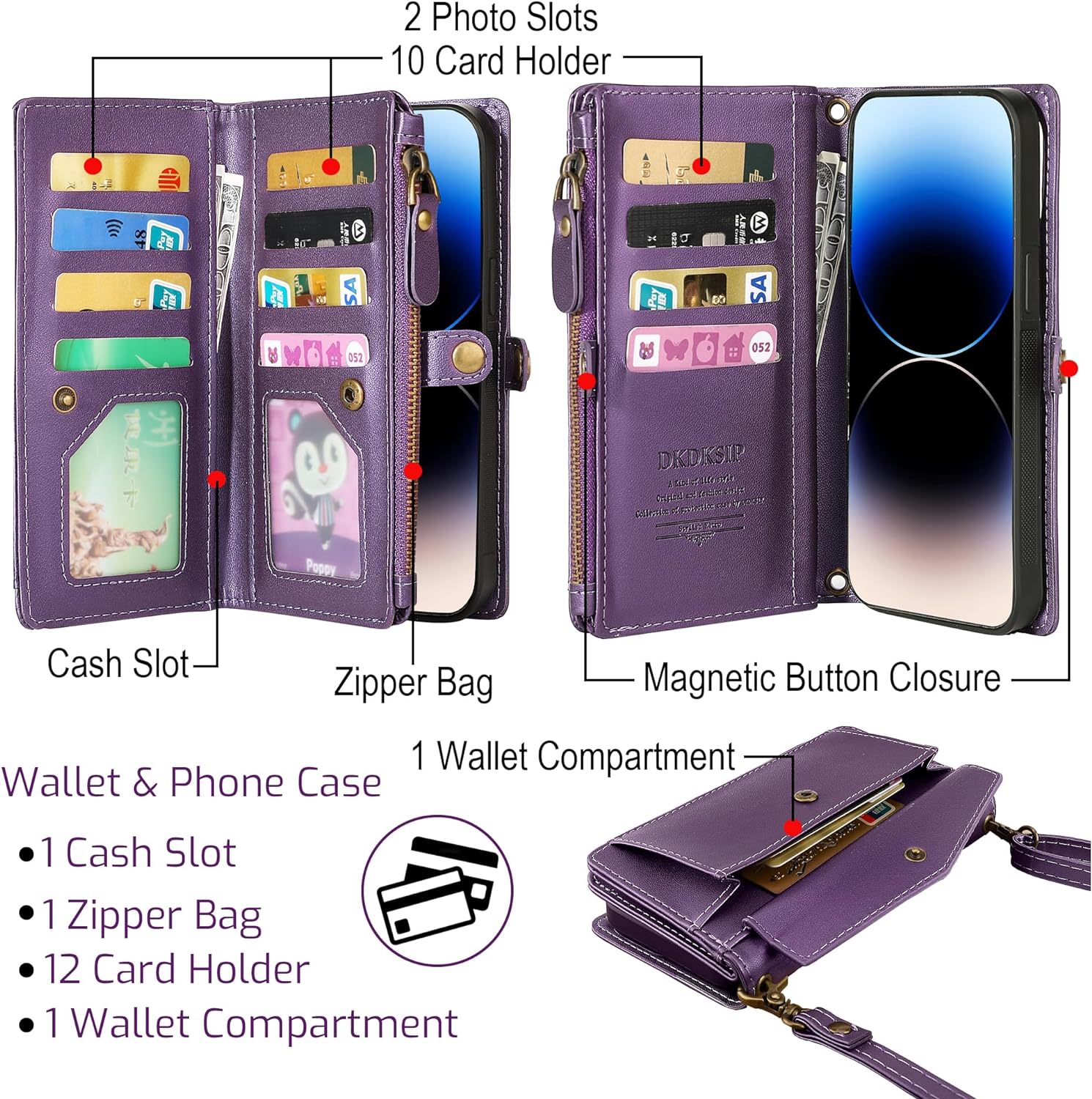 iPhone 16 Pro Max Wallet Case with Wireless Charging & Crossbody Strap - Purple | Slim Protective Phone Cover for Cards & Cash | Perfect for Travel, Shopping & Everyday Use
