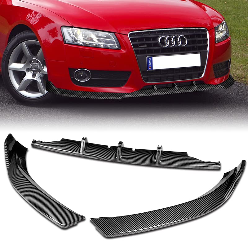 3PCS Front Bumper Lip Kit for 2008-2012 Audi A5 & Quattro - STP-Style Splitter Trim Protection Spoiler with Carbon Look Air Dam Chin Diffuser - Enhances Sporty Appearance & Protects Bumper for Street Racing & Daily Driving
