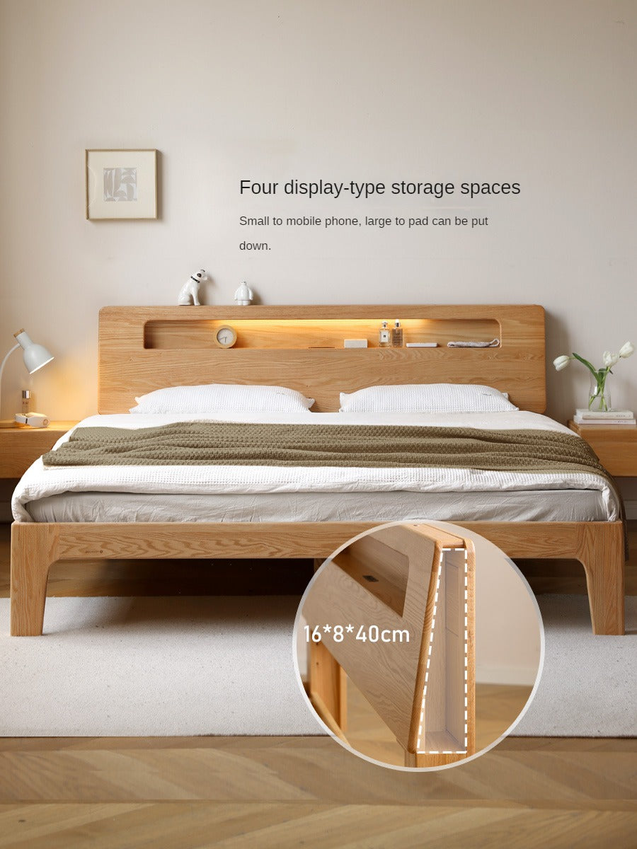 Solid Oak and Beech Wood Bed with Built-in LED Lights and Bookshelf - Modern Bedroom Furniture for Small Spaces, Lofts, and Studio Apartments