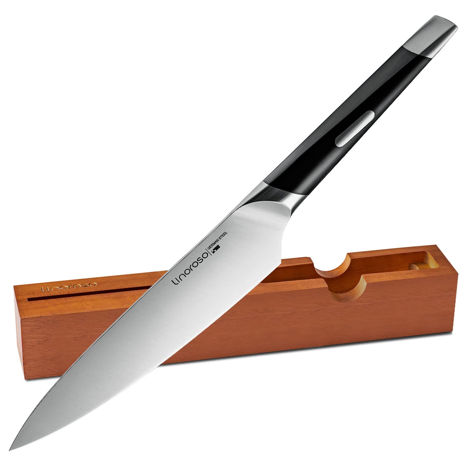 Linoroso MAKO Series 7-inch German High-Carbon Stainless Steel Chef Knife - Ultra Sharp Precision Forged Kitchen Knife with In-Drawer Knife Block - Perfect for Slicing, Dicing & Food Prep