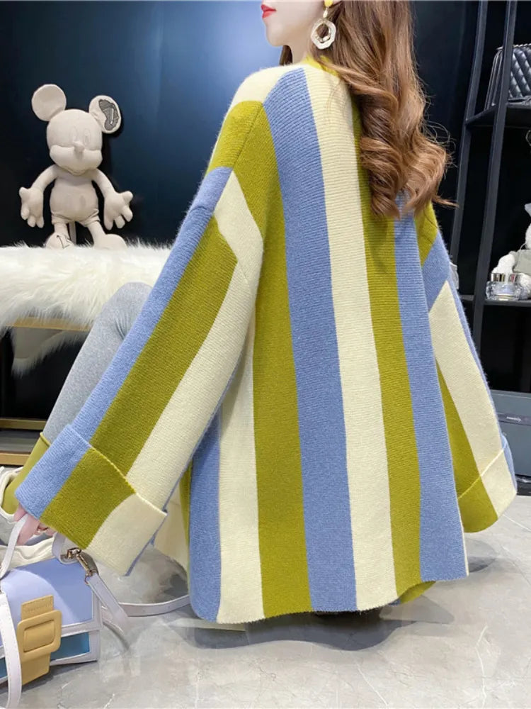 Women's Striped Knit Cardigan Sweater Coat - Loose Long Sleeve Top for Autumn Winter 2024 | Cozy Fall Layering Piece, Office Wear & Casual Outfit Essential