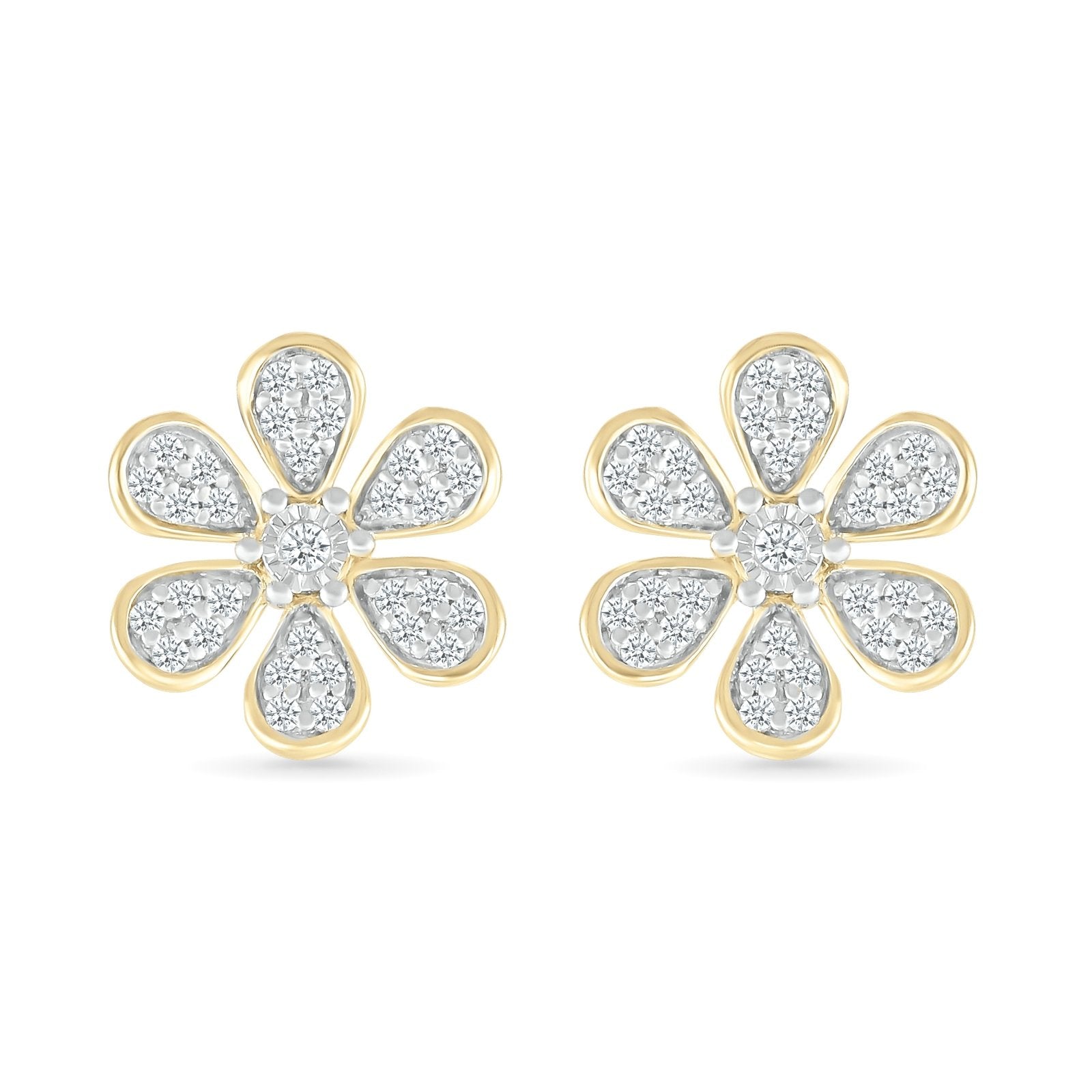 10k Yellow Gold Diamond Flower Earrings - Bezel Set Dainty Floral Studs for Women, Perfect for Weddings, Anniversaries & Everyday Elegance