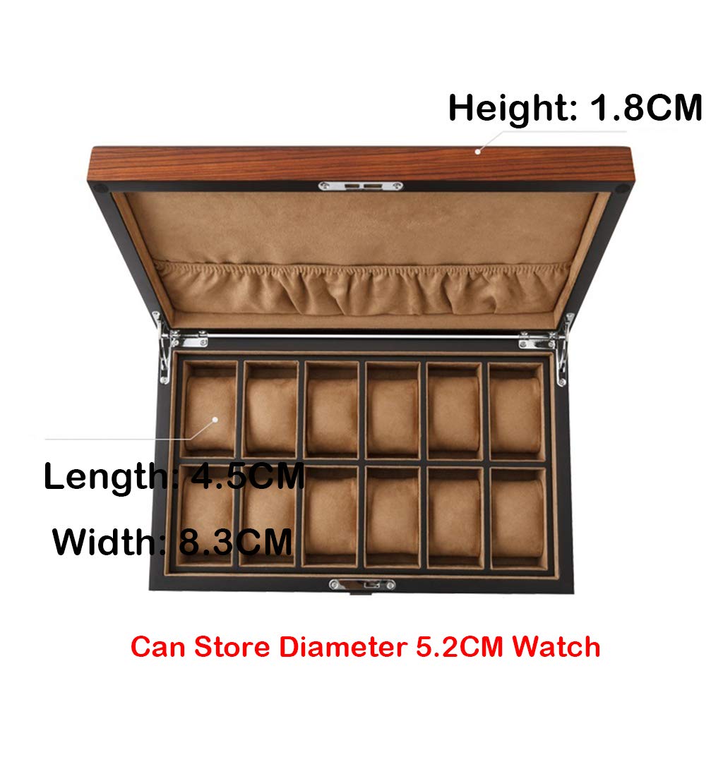 12-Slot Wooden Watch Box with Glass Lid - Luxury Watch Case with Removable Pillows & Velvet Lining - Perfect for Watch Storage, Display, and Travel - Gift for Watch Collectors & Enthusiasts
