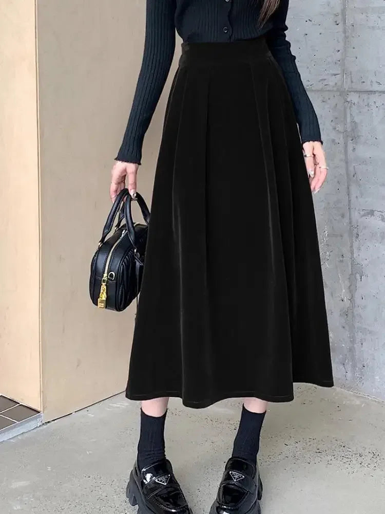 2024 Women's Vintage Red Velvet A-Line Skirt - High Waist Elegant Pleated Swing Skirt for Autumn Winter Warmth | Perfect for Casual Wear, Parties & Office Outfits