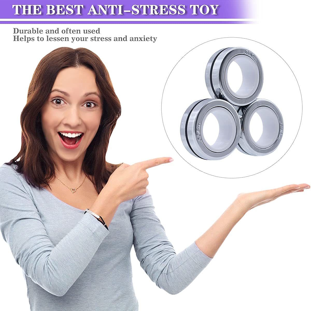Magnetic Fidget Rings Set of 3 - Stress Relief Toys for Adults & Kids, Anxiety Reducer, Finger Decompression Spinner - Perfect for Office, Classroom, Travel and ADHD Focus Training