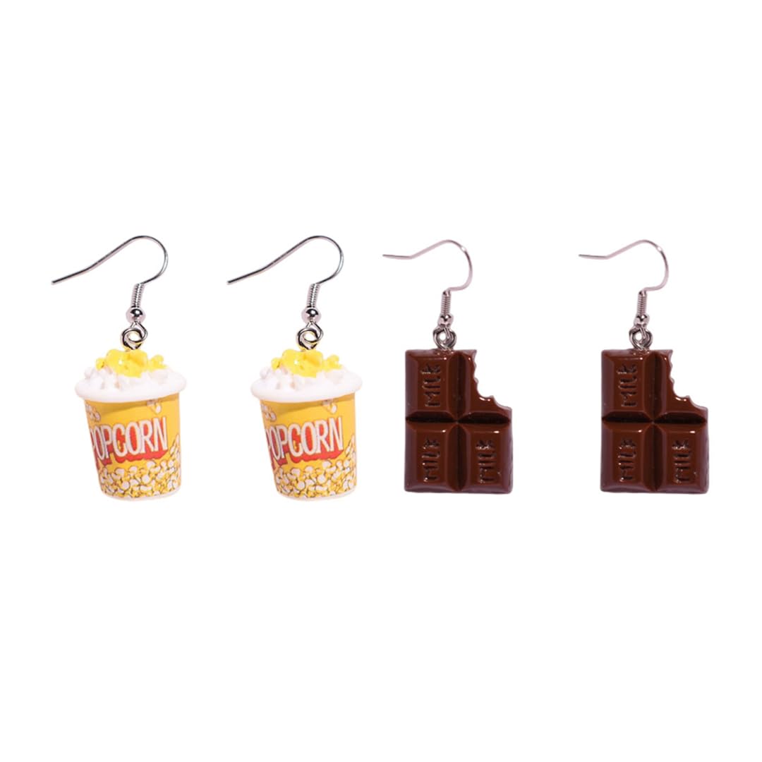2 Pairs Funny Resin Food Earrings - Cartoon Popcorn & Kawaii Chocolate Drop Dangle Earrings for Women | Unique Gift for Food Lovers, Costume Parties & Casual Wear