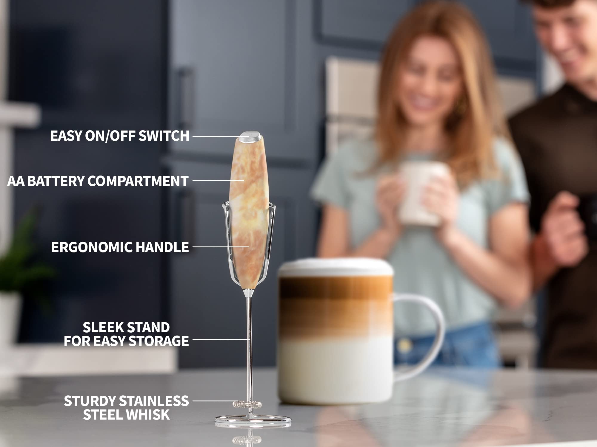 Premium PRO MILK FROTHER WAND - High-Speed Handheld Milk Frother with Upgraded Stand - Powerful Electric Foam Maker with Stainless Steel Whisk (Granite) - Perfect for Lattes, Cappuccinos, Hot Chocolate & Baking - Ideal for Home Baristas & Coffee Lovers