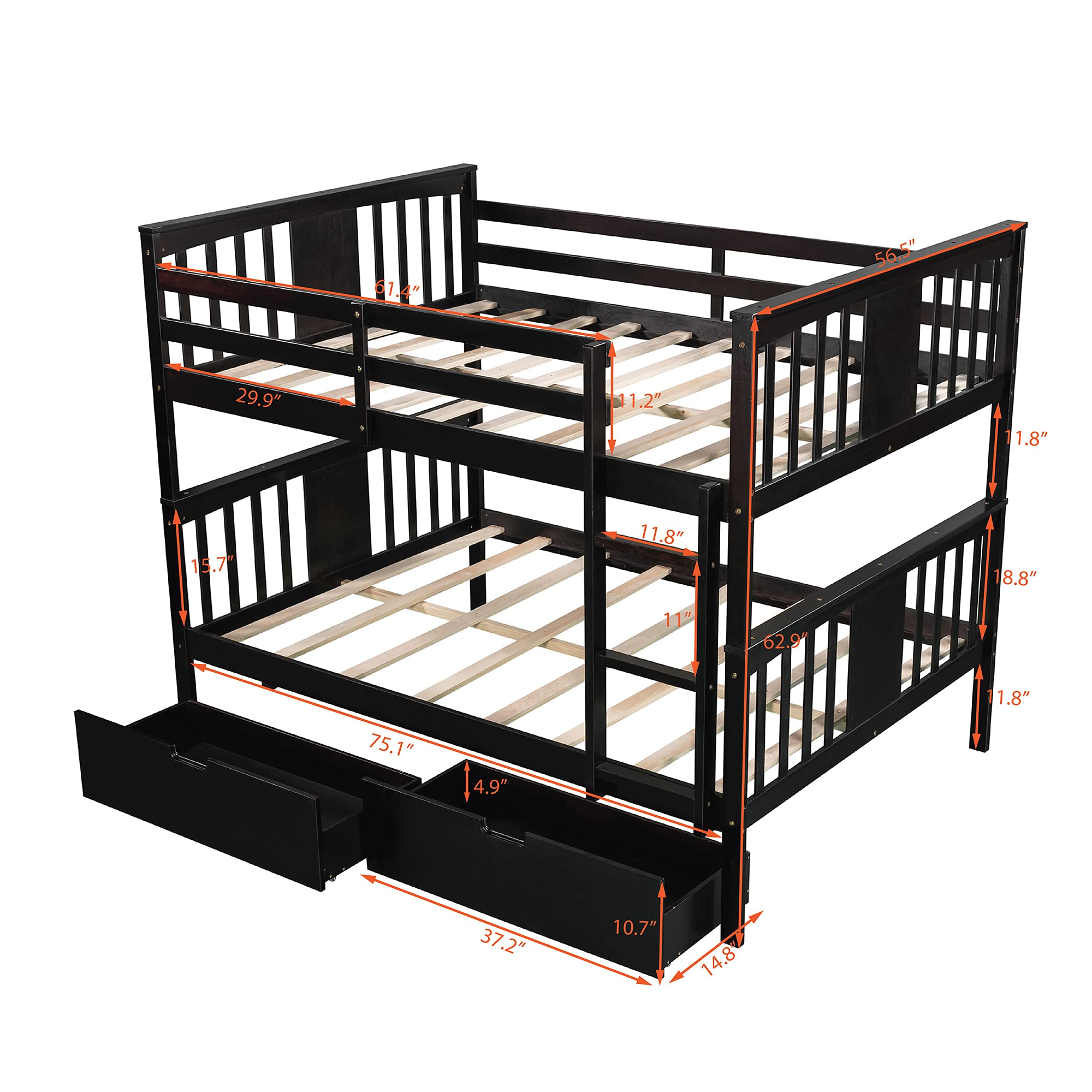 Full Over Full Bunk Bed with Storage Drawers & Safety Rail - Sturdy Wood Bunk Bed for Adults, Kids, Teens - No Box Spring Needed (Espresso Finish) - Perfect for Small Bedrooms, Guest Rooms & Vacation Homes