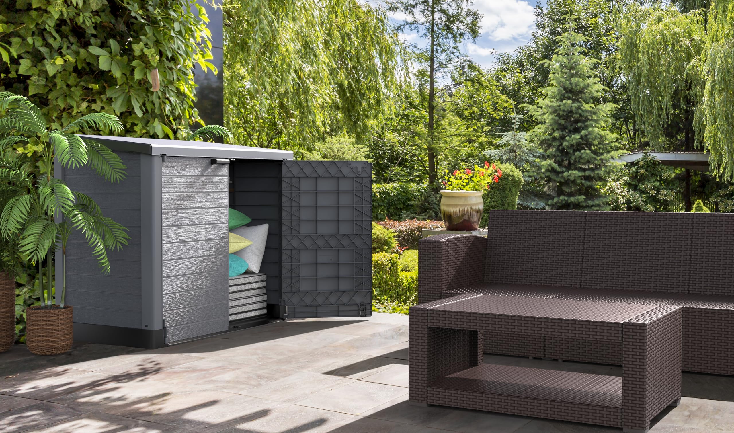Duramax Cedargrain 1200L Plastic Outdoor Storage Shed with Flat Lid – Heavy-Duty Garden Shed for Bikes, Tools, BBQs & 2X 240L Bins – Weather-Resistant Grey Storage Unit (145x85x125 cm) – Perfect for Backyard, Patio & Garage Organization