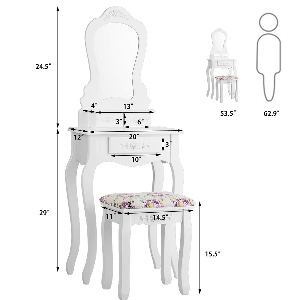 Giantex Small Vanity Desk Set with Mirror - White Makeup Dressing Table with Cushioned Stool & 3 Storage Drawers, 20 Inch Compact Vanity for Girls Bedroom | Perfect for Small Spaces, Makeup Application & Home Decor