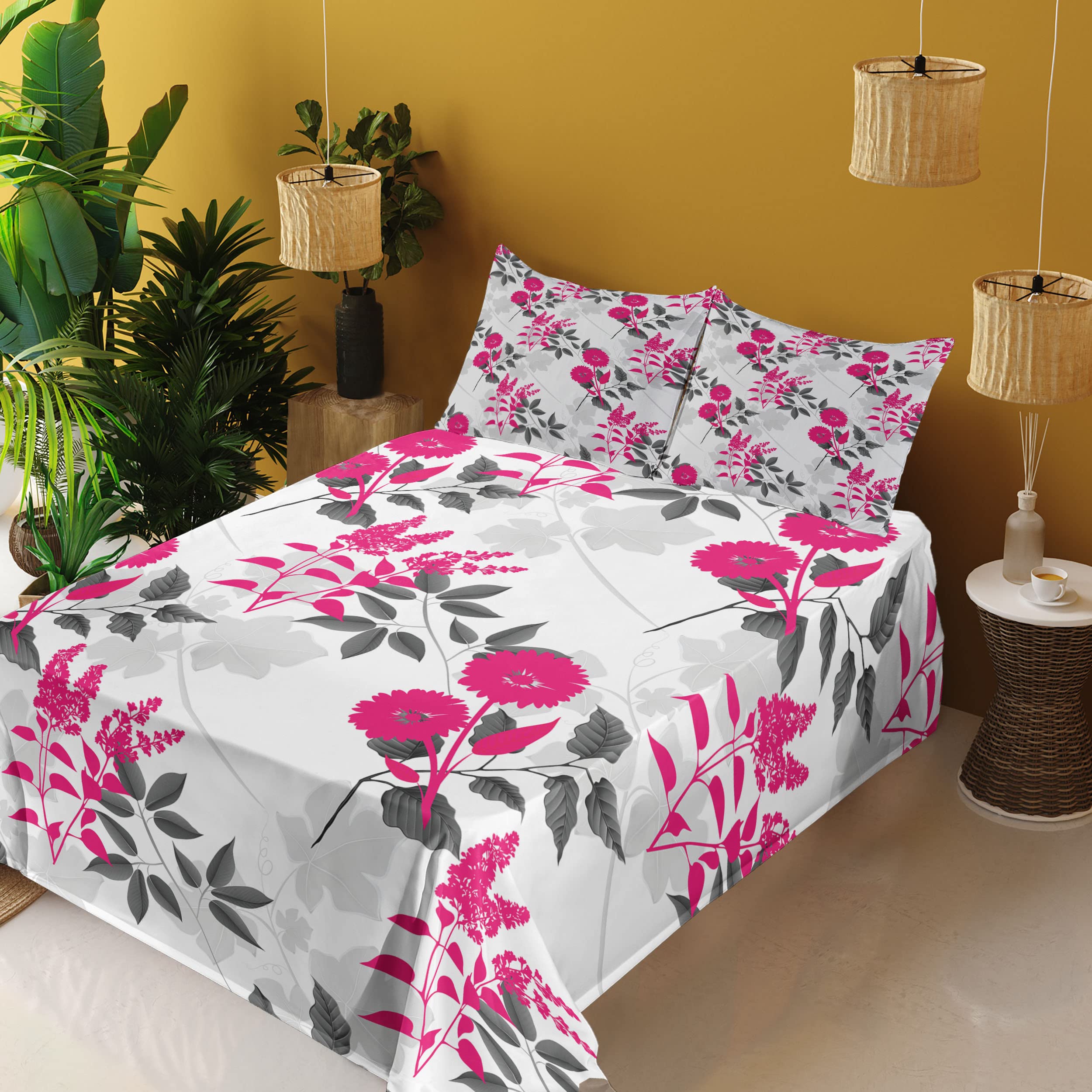 Ambesonne Floral Sheet Set - King Size 4-Piece Bedding with Abstract Flower & Leaf Pattern | Fitted Sheet, Flat Sheet & Pillowcases in Magenta, Dark Grey & White | Perfect for Master Bedroom, Guest Room & Cozy Home Decor