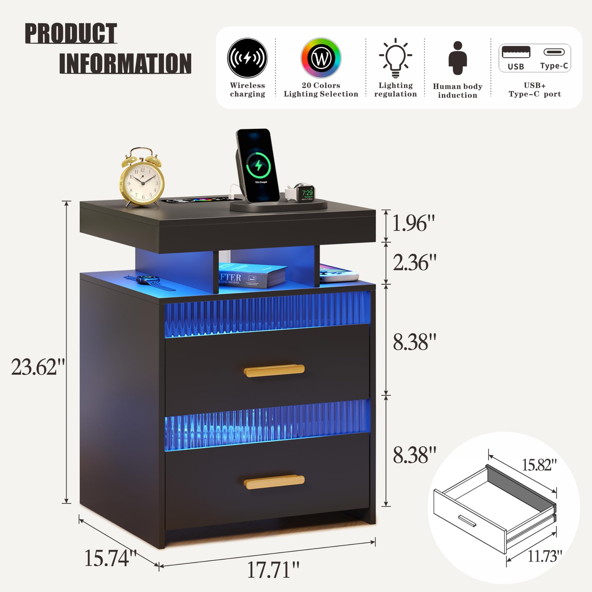 RGB LED Nightstand with USB Charging Station & Drawers - Smart Human Sensor Lights, Modern Black End Table for Bedroom, Living Room, Office - Perfect for Nighttime Reading, Device Charging & Ambient Lighting