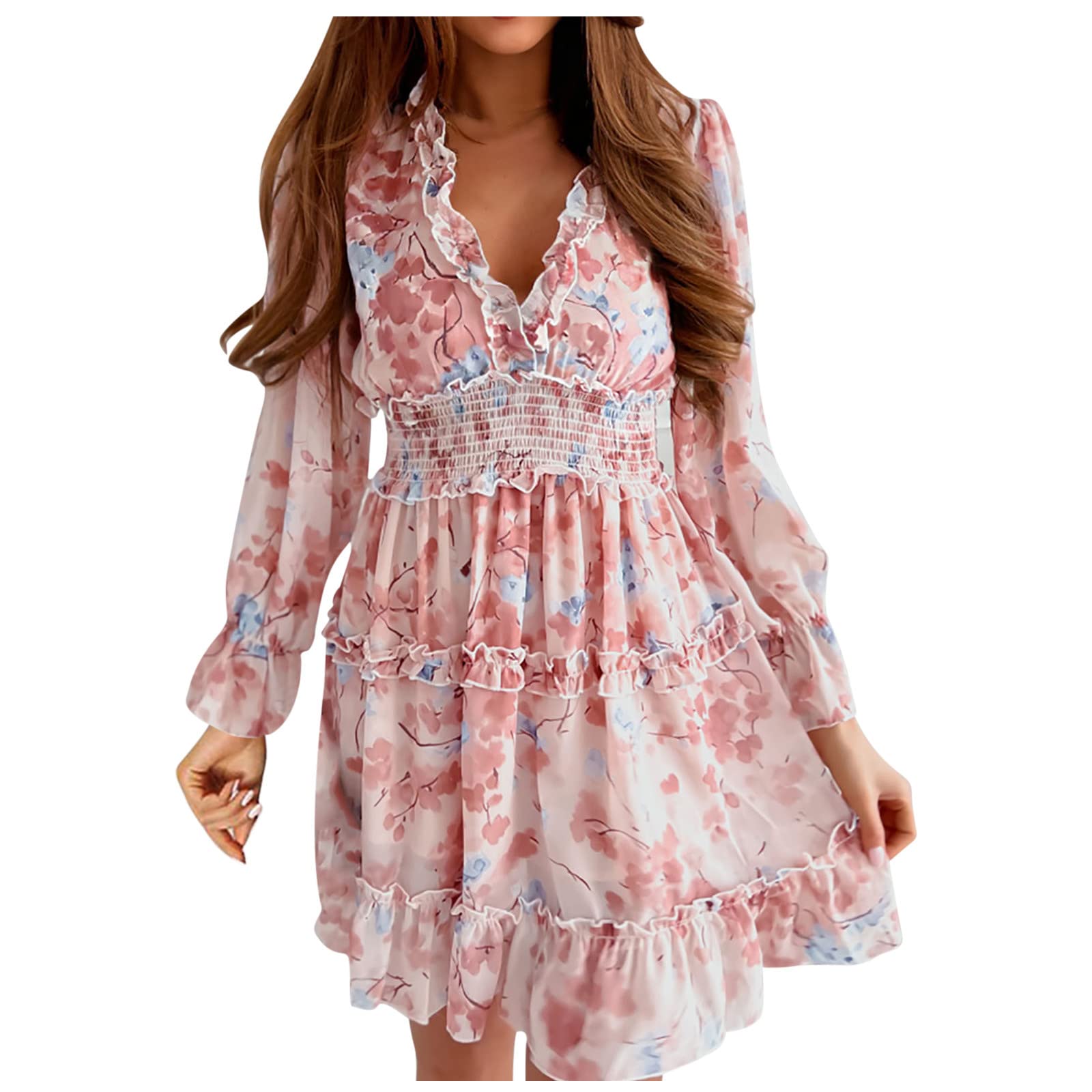 Floral Long Sleeve Mini Dress for Women - Smocked Waist Tiered Ruffle Swing Dress with V-Neck | Summer Casual, Date Night, Party Wear 2022