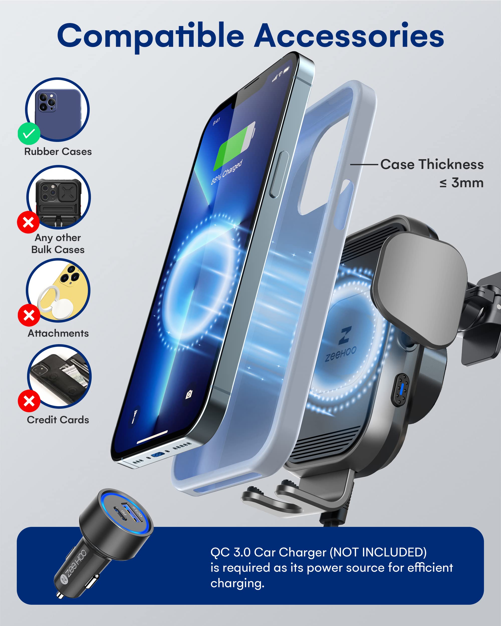 ZEEHOO 15W Fast Wireless Car Charger - Auto Clamping Phone Mount Holder for iPhone 15/14/13/12/11 Pro Max/XS & Samsung Galaxy S23+/S22 (Grey) | Secure Charging While Driving, Perfect for Commuters & Road Trips