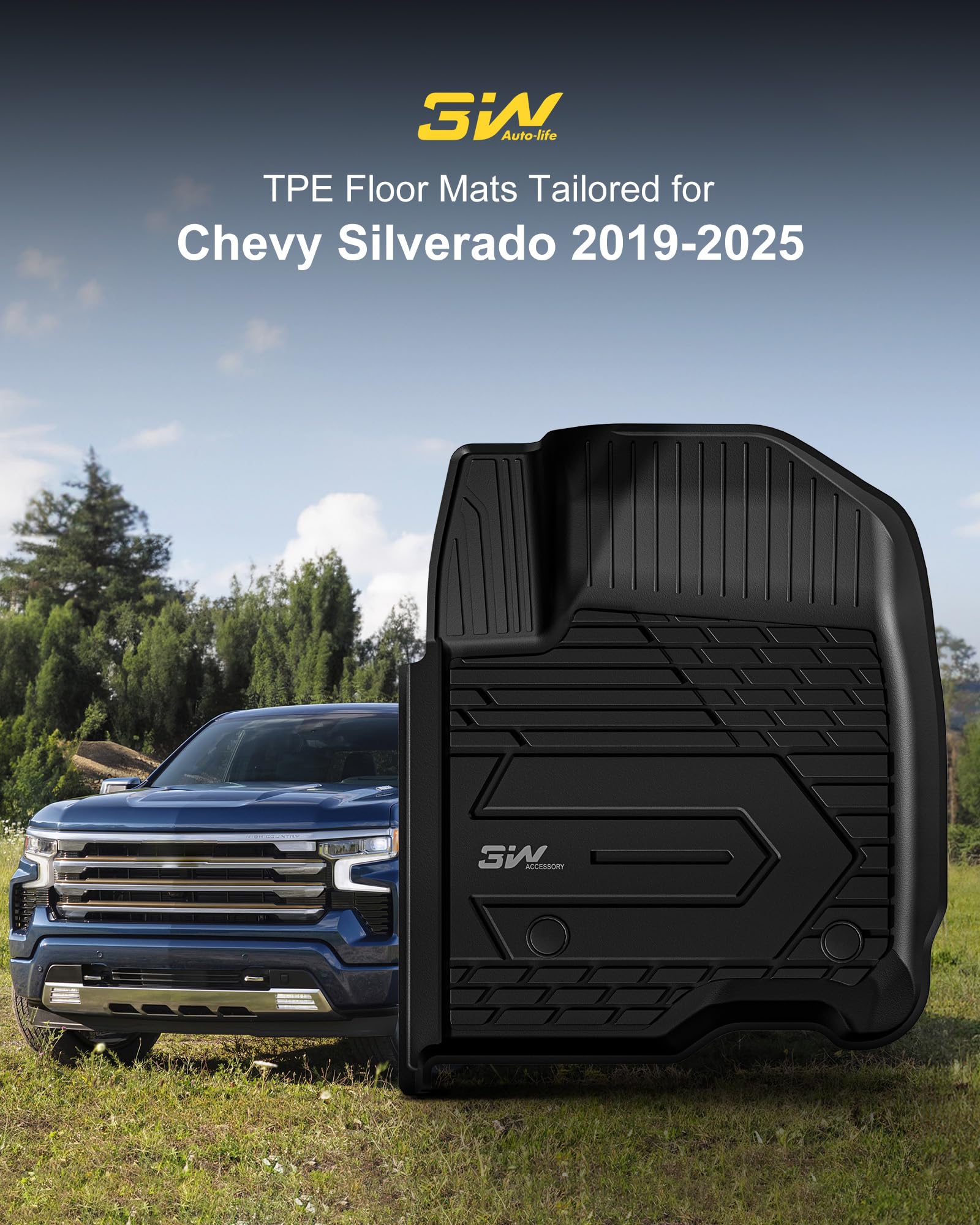 3W Custom Fit All-Weather TPE Floor Mats for 2019-2025 Chevy Silverado & GMC Sierra 1500/2500HD/3500HD Crew Cab - Durable Protection with Factory Carpeted Storage - Perfect for Off-Roading, Daily Commute & Winter Weather
