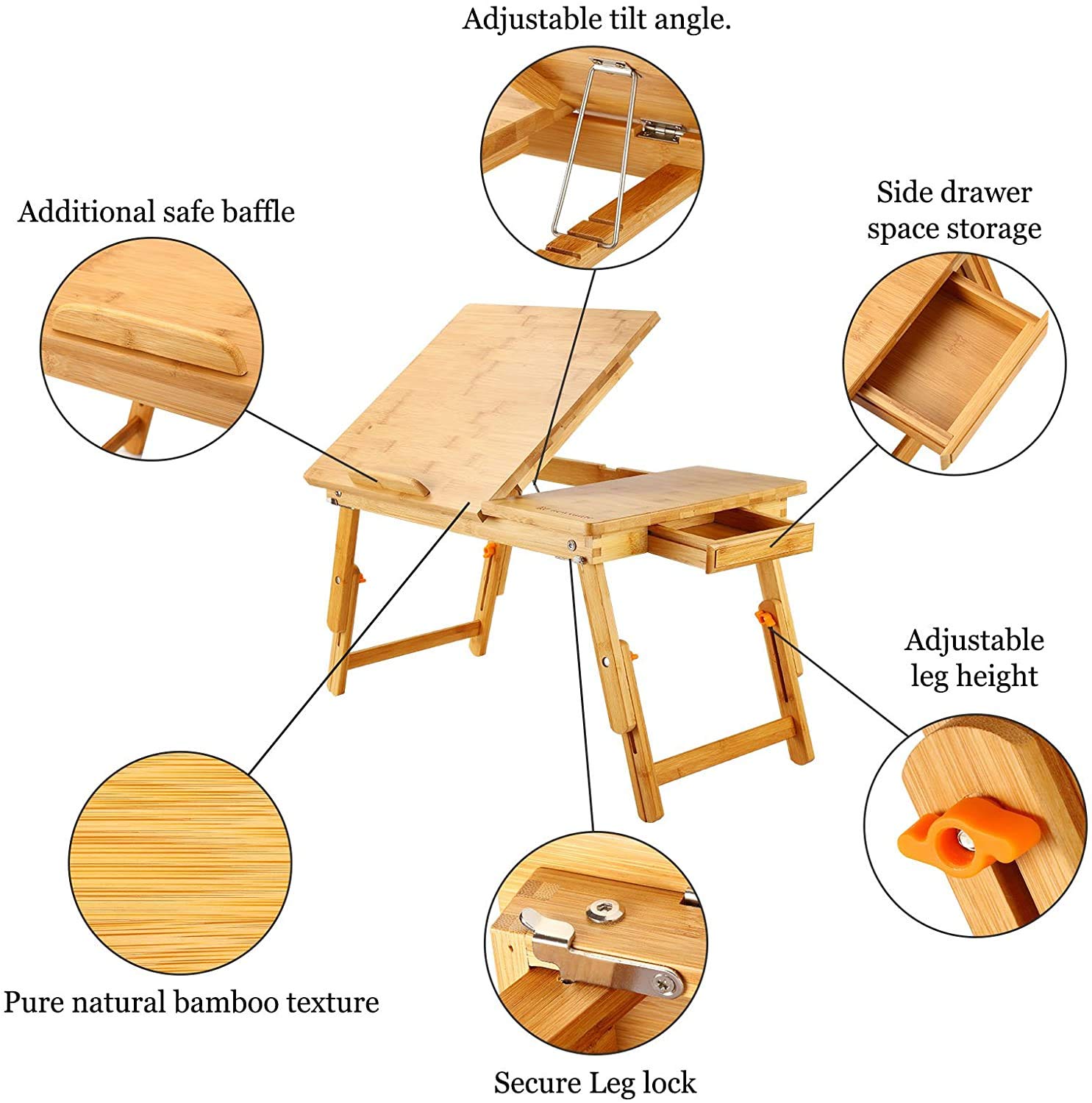 Adjustable 100% Bamboo Laptop Desk with Tilting Tray & Storage Drawer - Portable Bed Tray for Breakfast, Work, Reading in Bed or Sofa